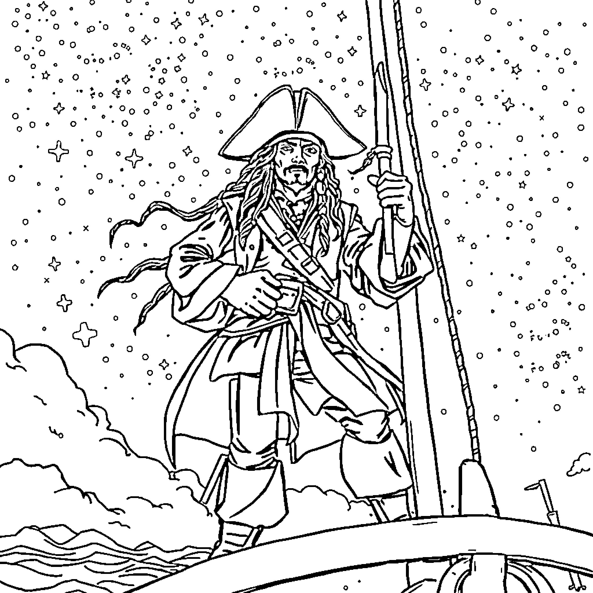 Jack Sparrow in Snowy Adventure Coloring Page (free black-and-white line drawing printable PDF for all, from beginners to advanced learners, including children, teens, adults, and seniors)