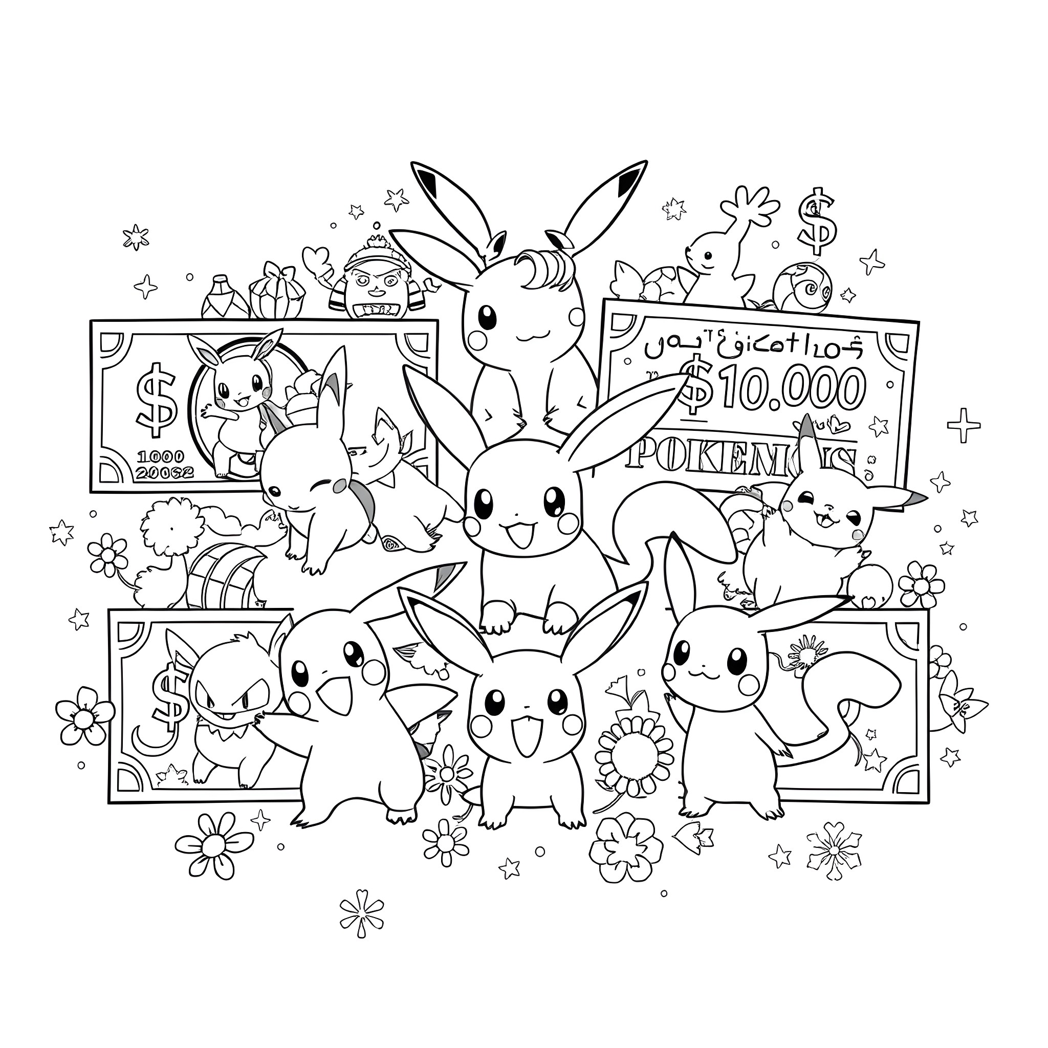 Money and Cute Bunnies in a Whimsical Scene Coloring Page (free black-and-white line drawing printable PDF for all, from beginners to advanced learners, including children, teens, adults, and seniors)
