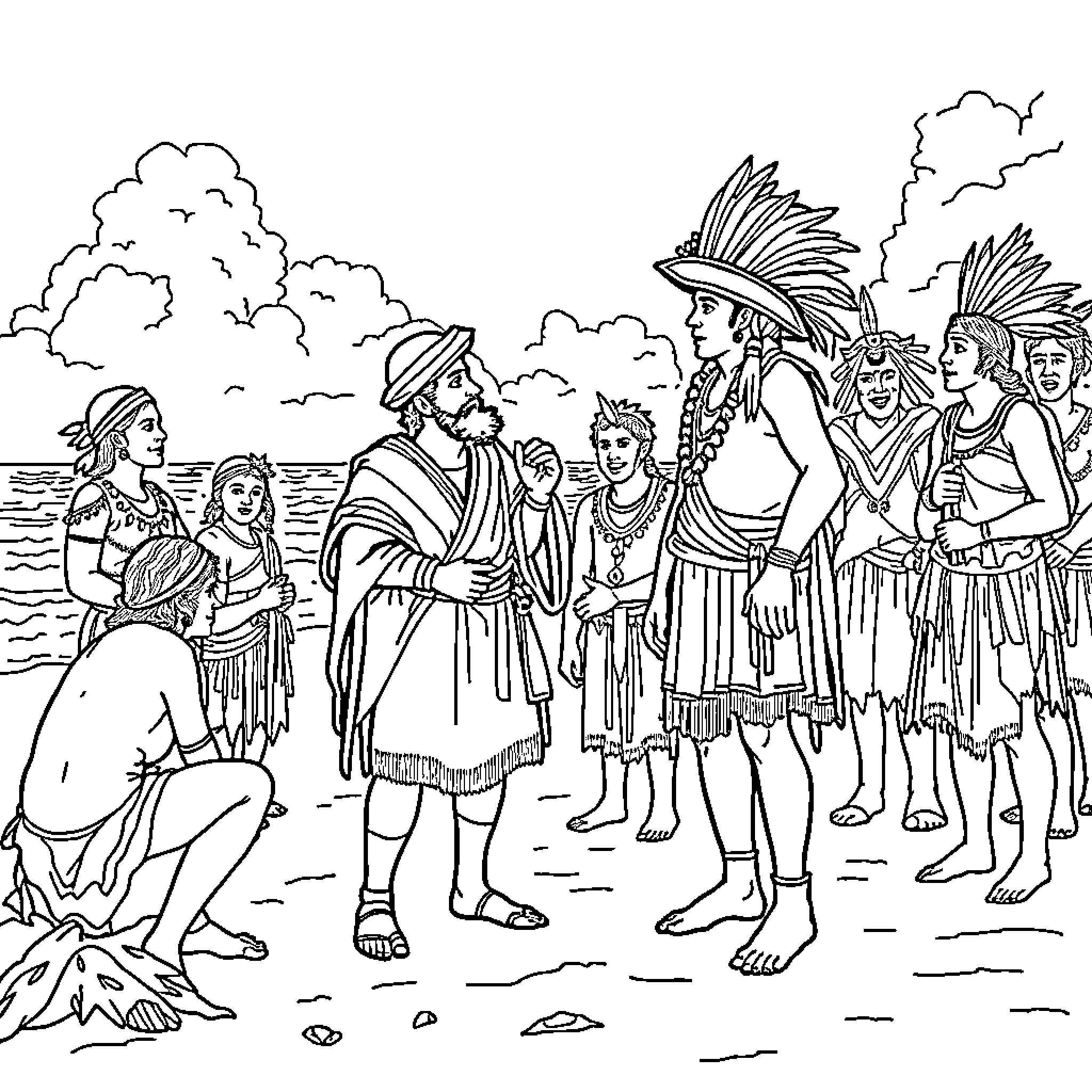 Cristobal Colon's encounter with indigenous people Coloring Page (free black-and-white line drawing printable PDF for all, from beginners to advanced learners, including children, teens, adults, and seniors)