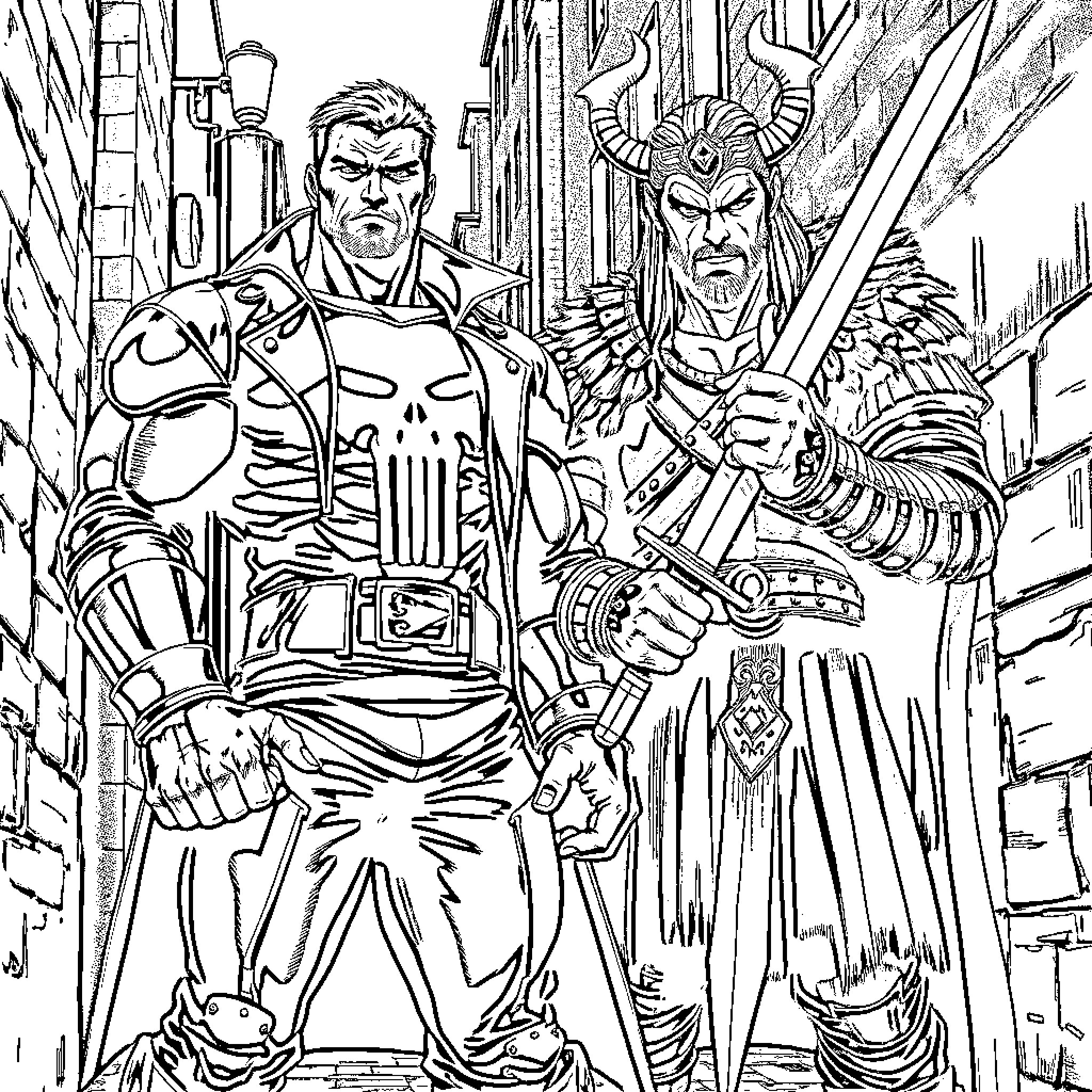 Punisher heroes battling in the city Coloring Page (free black-and-white line drawing printable PDF for all, from beginners to advanced learners, including children, teens, adults, and seniors)