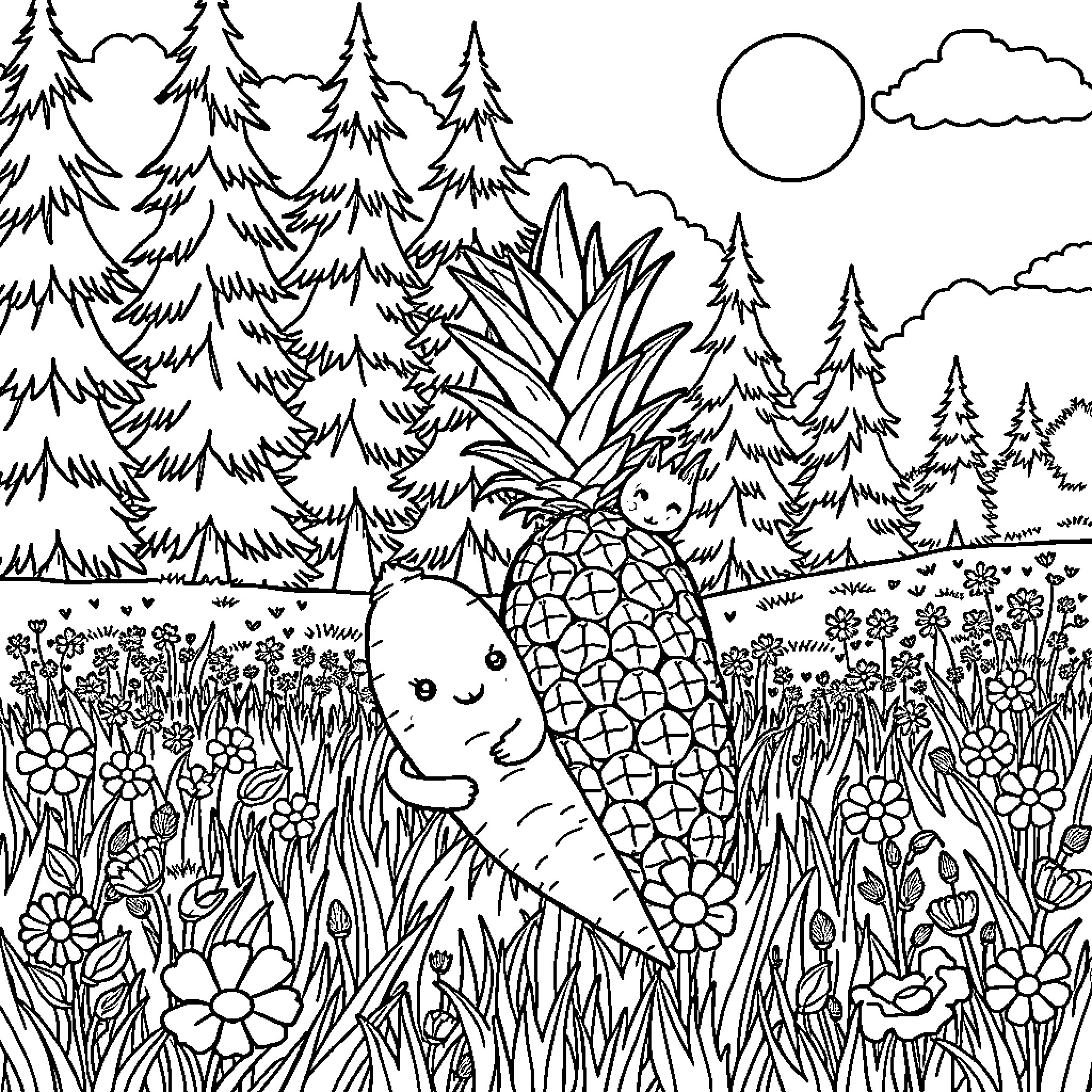 Carrot and Pineapple exploring the enchanted forest Coloring Page (free black-and-white line drawing printable PDF for all, from beginners to advanced learners, including children, teens, adults, and seniors)