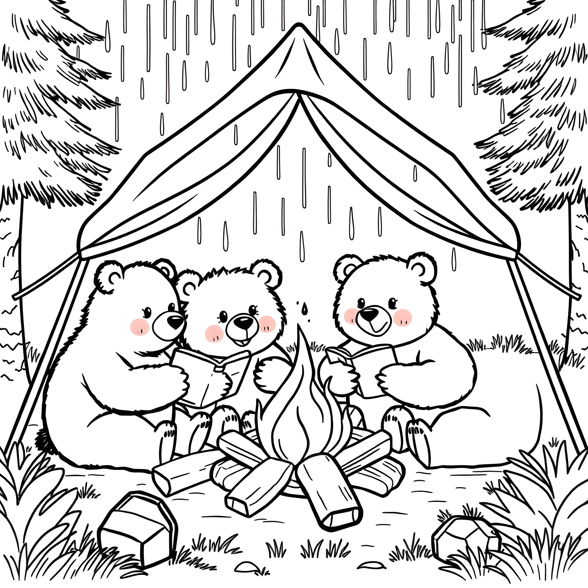 Bears camping in the rainy forest Coloring Page (free black-and-white line drawing printable PDF for all, from beginners to advanced learners, including children, teens, adults, and seniors)