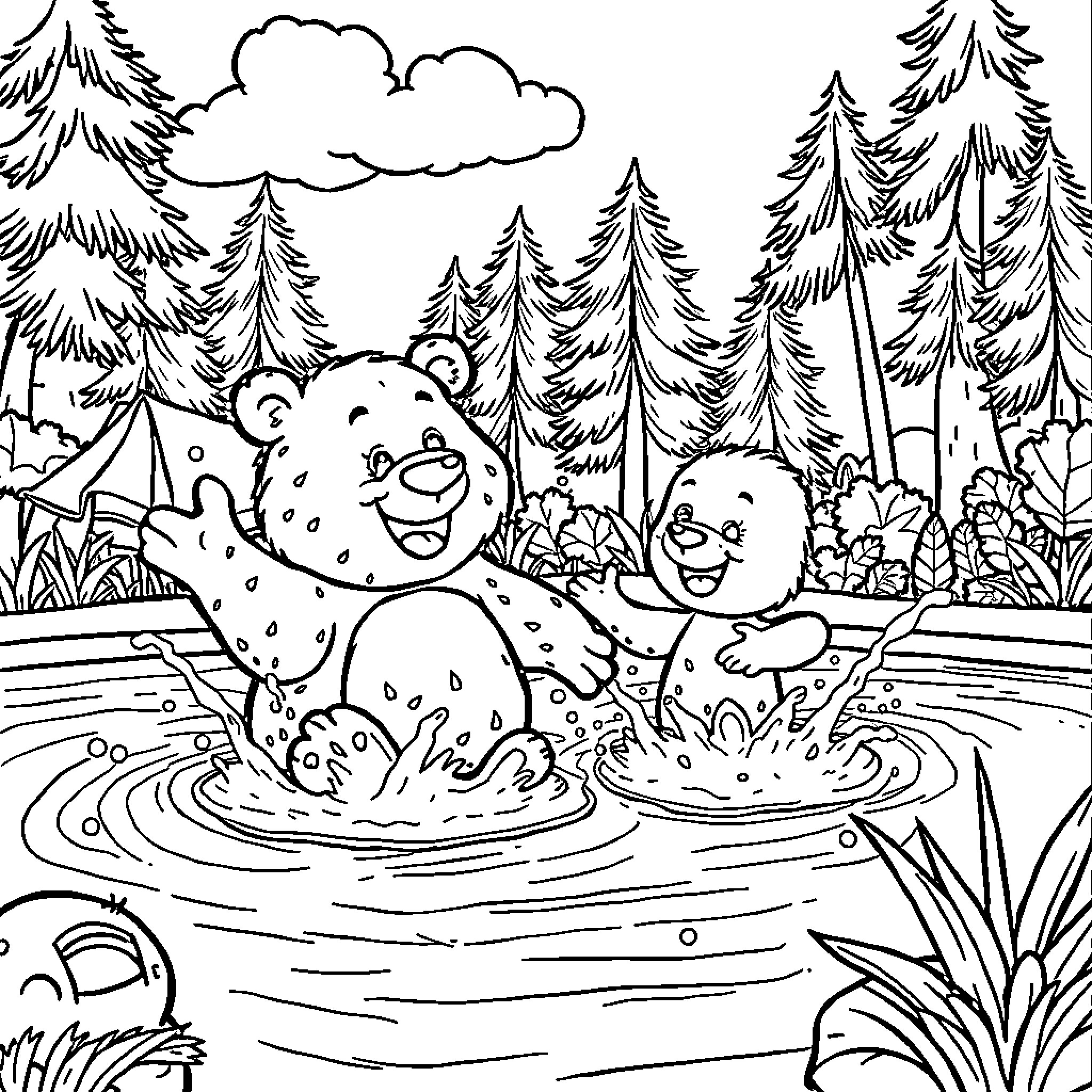 Oso bears playing happily in the forest stream Coloring Page (free black-and-white line drawing printable PDF for all, from beginners to advanced learners, including children, teens, adults, and seniors)