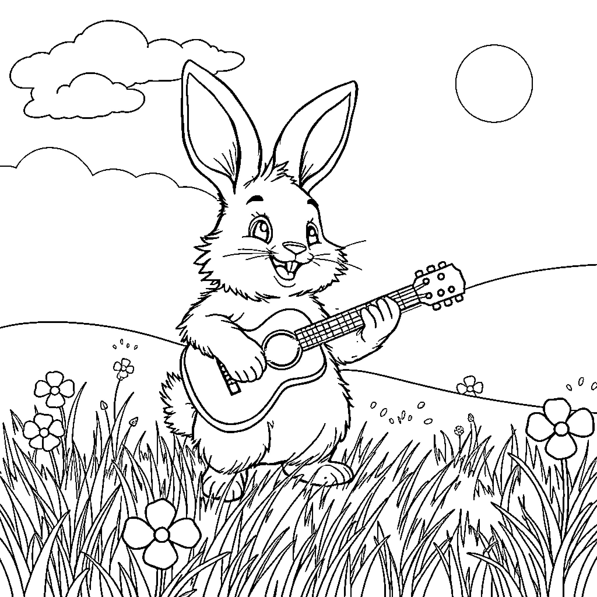 Rabbit playing guitar in the meadow Coloring Page (free black-and-white line drawing printable PDF for all, from beginners to advanced learners, including children, teens, adults, and seniors)