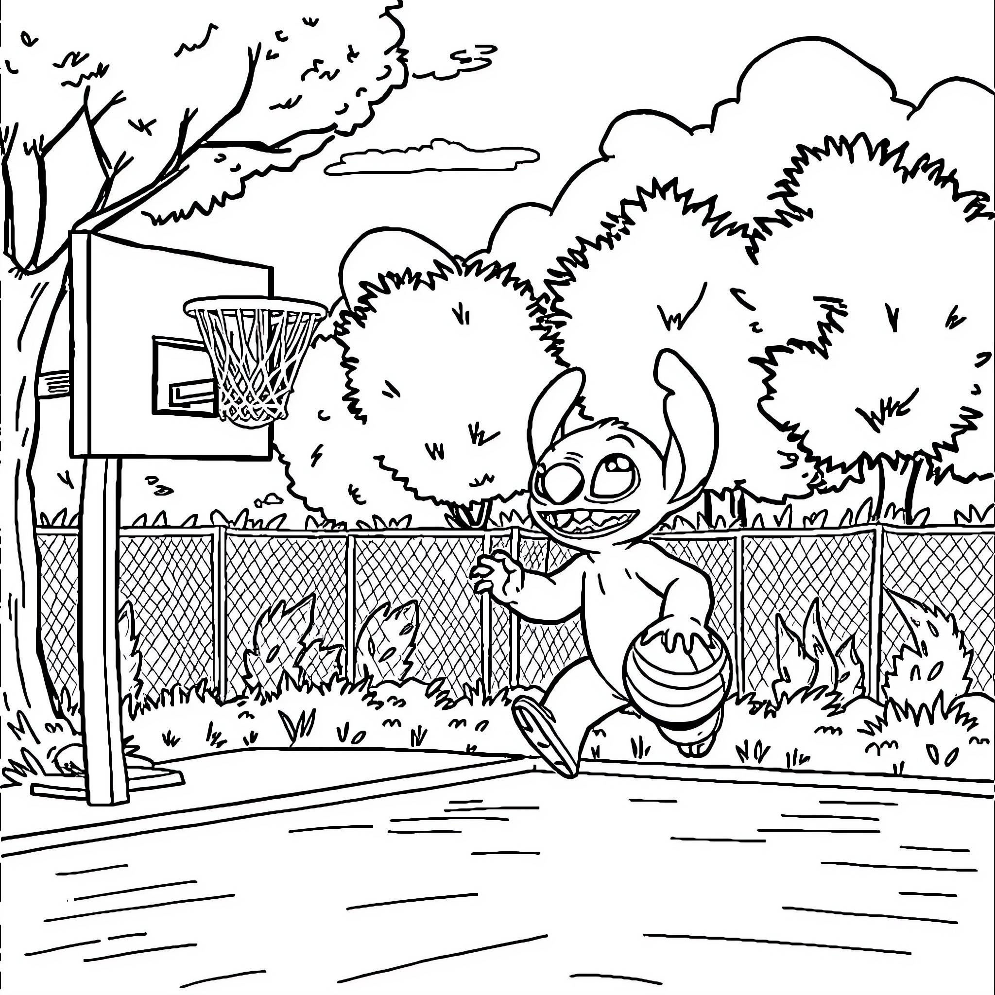 Stitch playing basketball in the park Coloring Page (free black-and-white line drawing printable PDF for all, from beginners to advanced learners, including children, teens, adults, and seniors)
