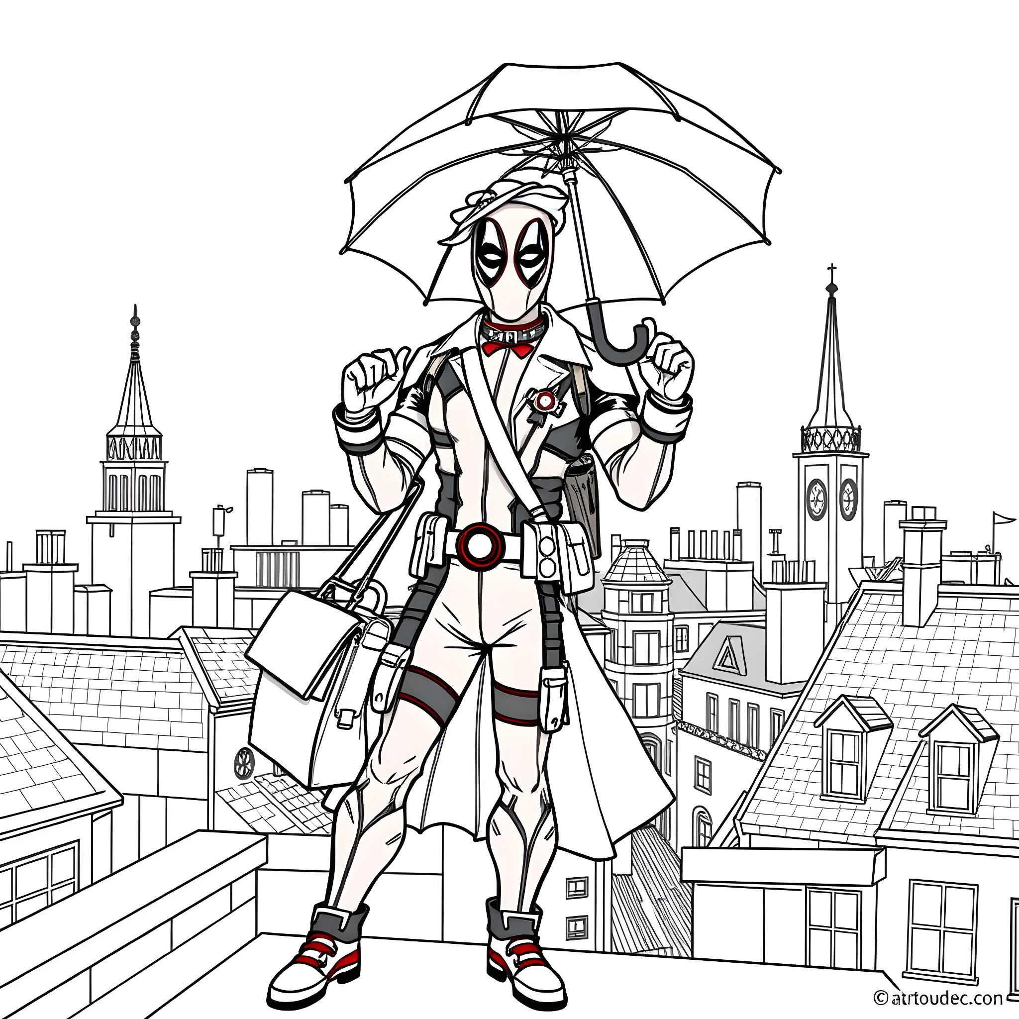 Deadpool's Rainy Day Adventure in the City Coloring Page (free black-and-white line drawing printable PDF for all, from beginners to advanced learners, including children, teens, adults, and seniors)
