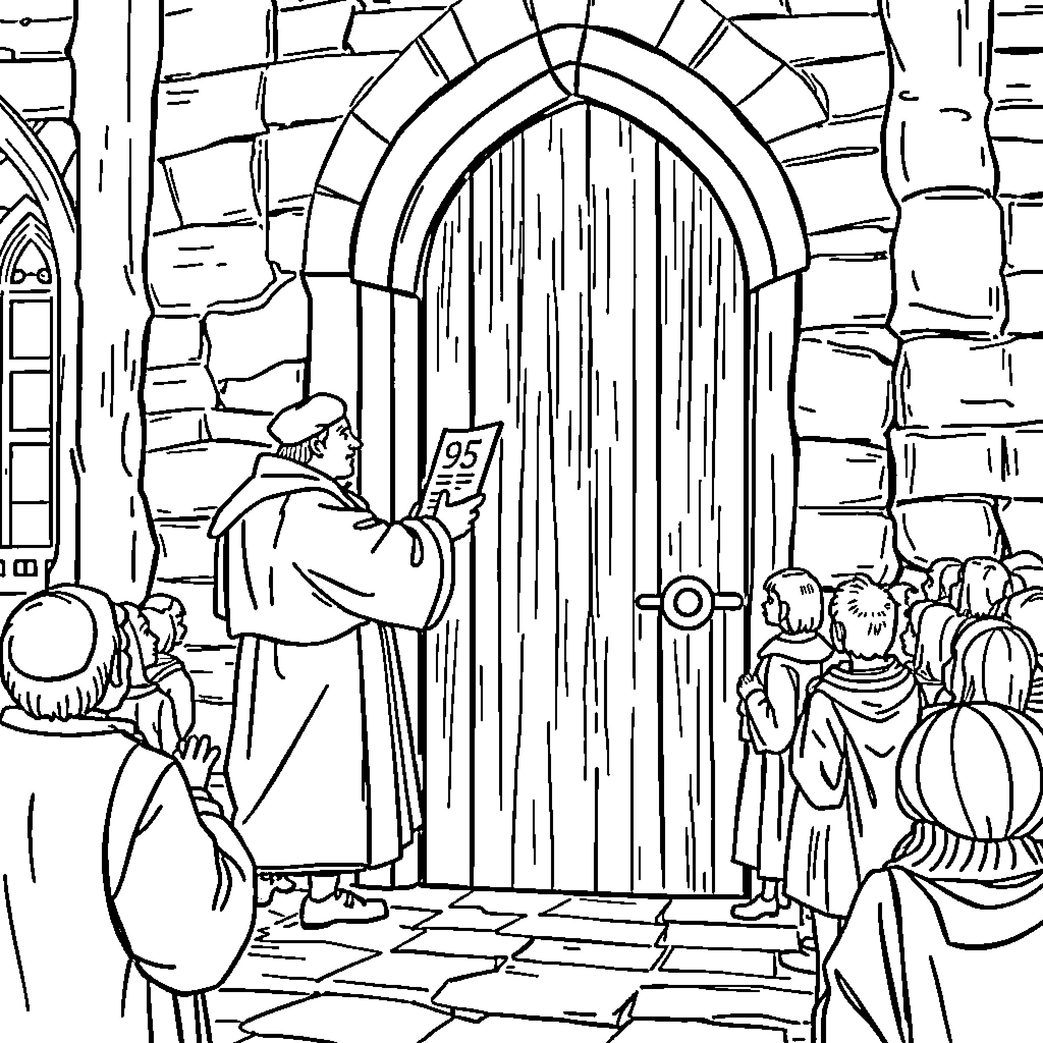 Martin Luther nailing the 95 Theses to the church door Coloring Page (free black-and-white line drawing printable PDF for all, from beginners to advanced learners, including children, teens, adults, and seniors)