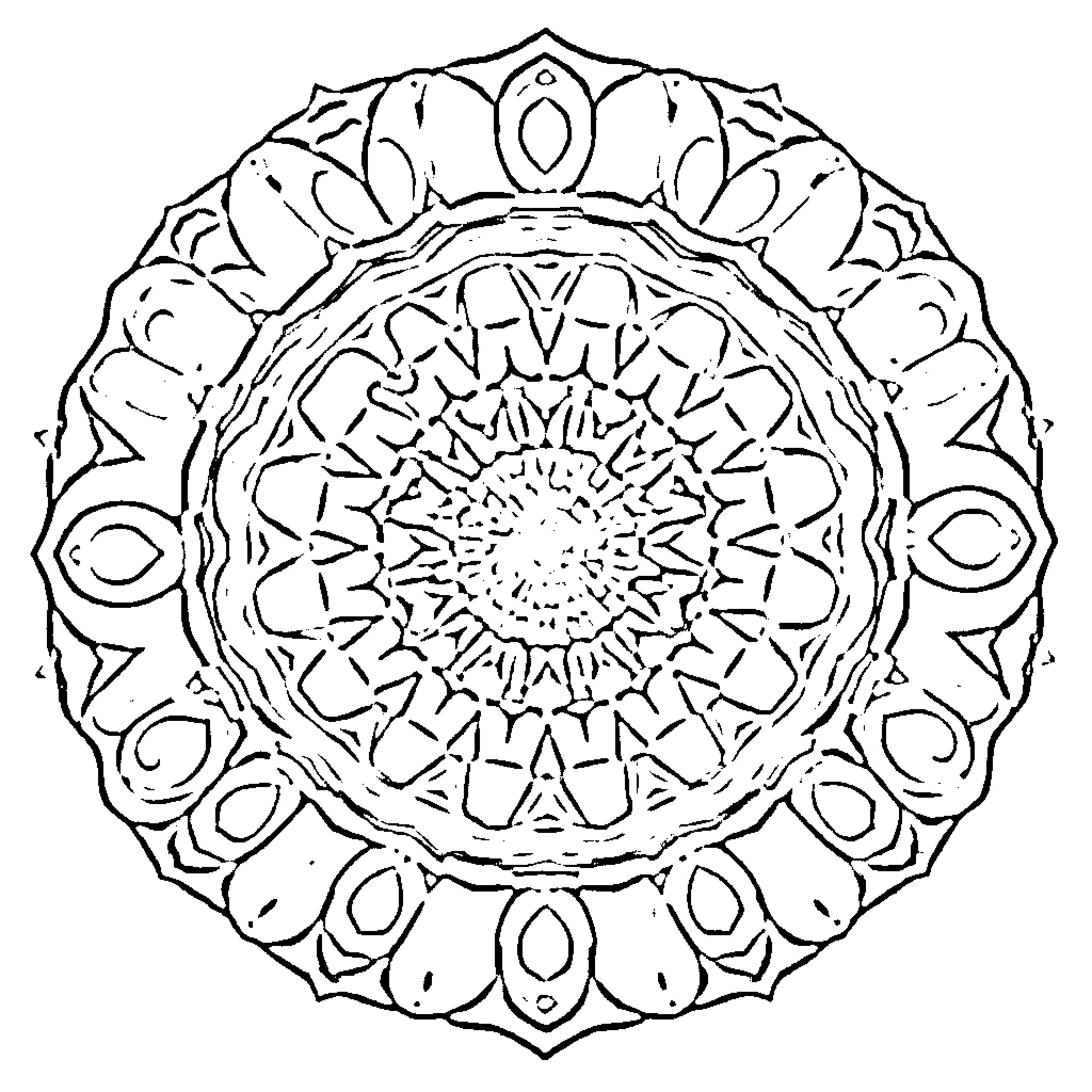 Mandala of intricate geometric patterns and shapes Coloring Page (free black-and-white line drawing printable PDF for all, from beginners to advanced learners, including children, teens, adults, and seniors)