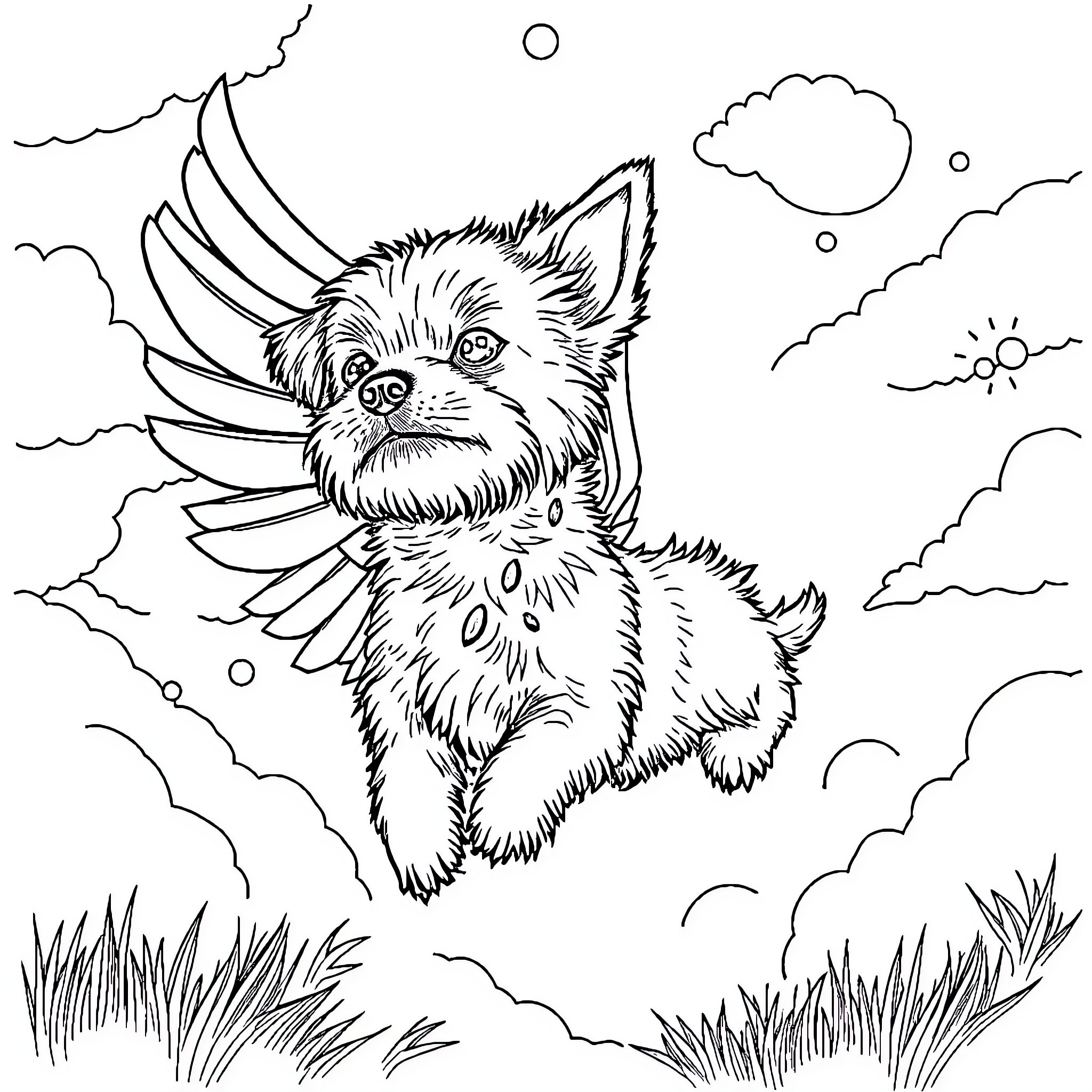 Dog with angelic wings in a whimsical landscape Coloring Page (free black-and-white line drawing printable PDF for all, from beginners to advanced learners, including children, teens, adults, and seniors)