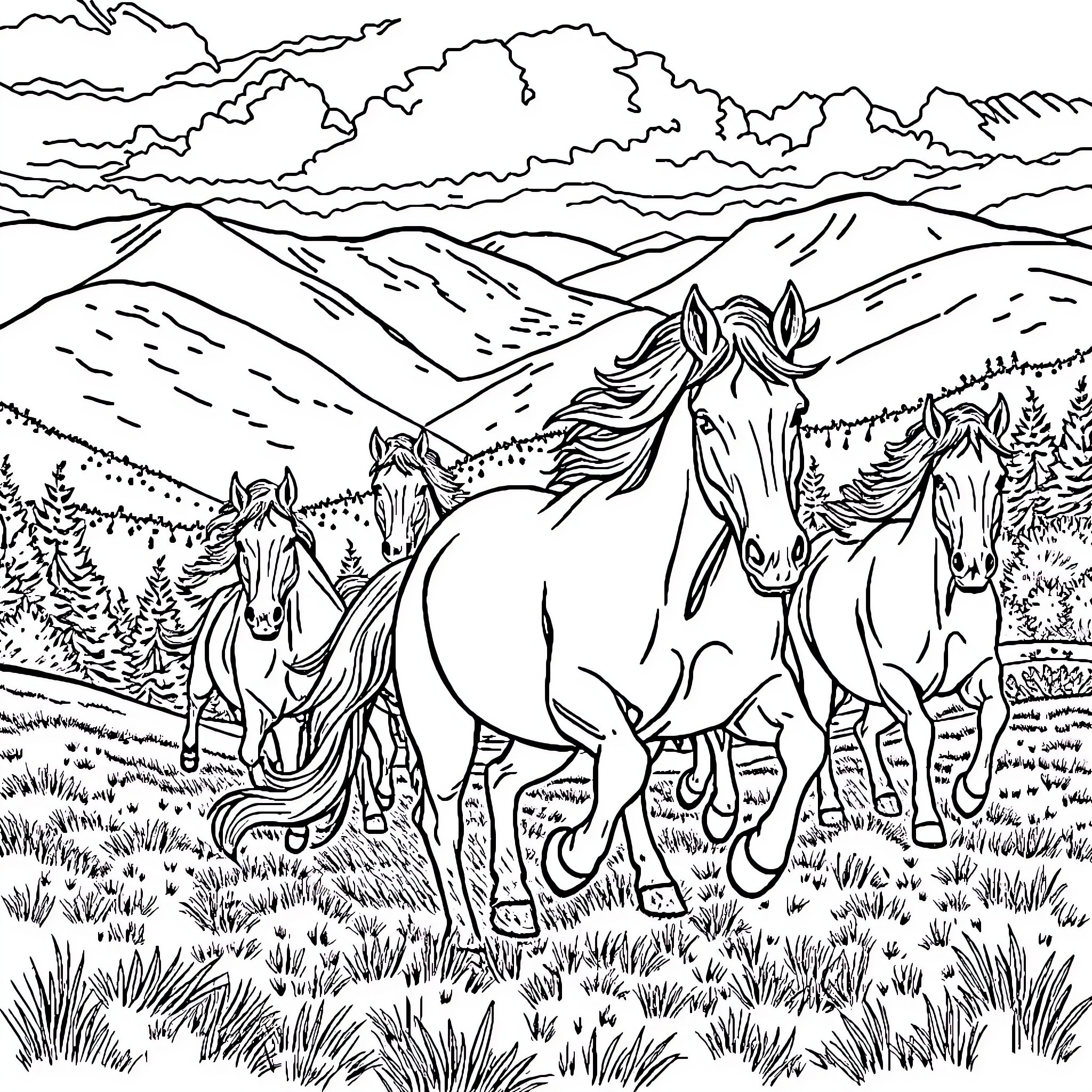 Horse herd galloping through the mountainous landscape Coloring Page (free black-and-white line drawing printable PDF for all, from beginners to advanced learners, including children, teens, adults, and seniors)