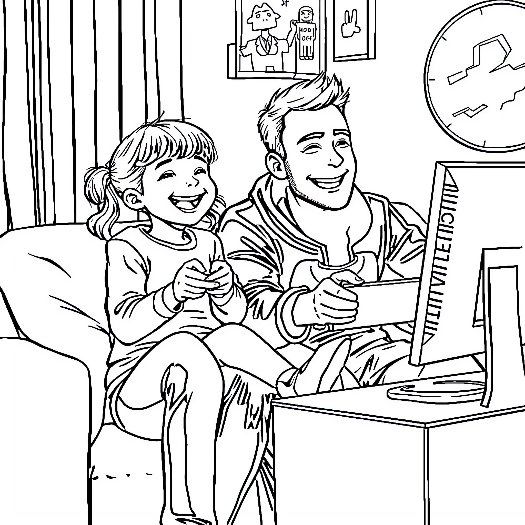 Father and Daughter Enjoying Video Game Together Coloring Page (free black-and-white line drawing printable PDF for all, from beginners to advanced learners, including children, teens, adults, and seniors)