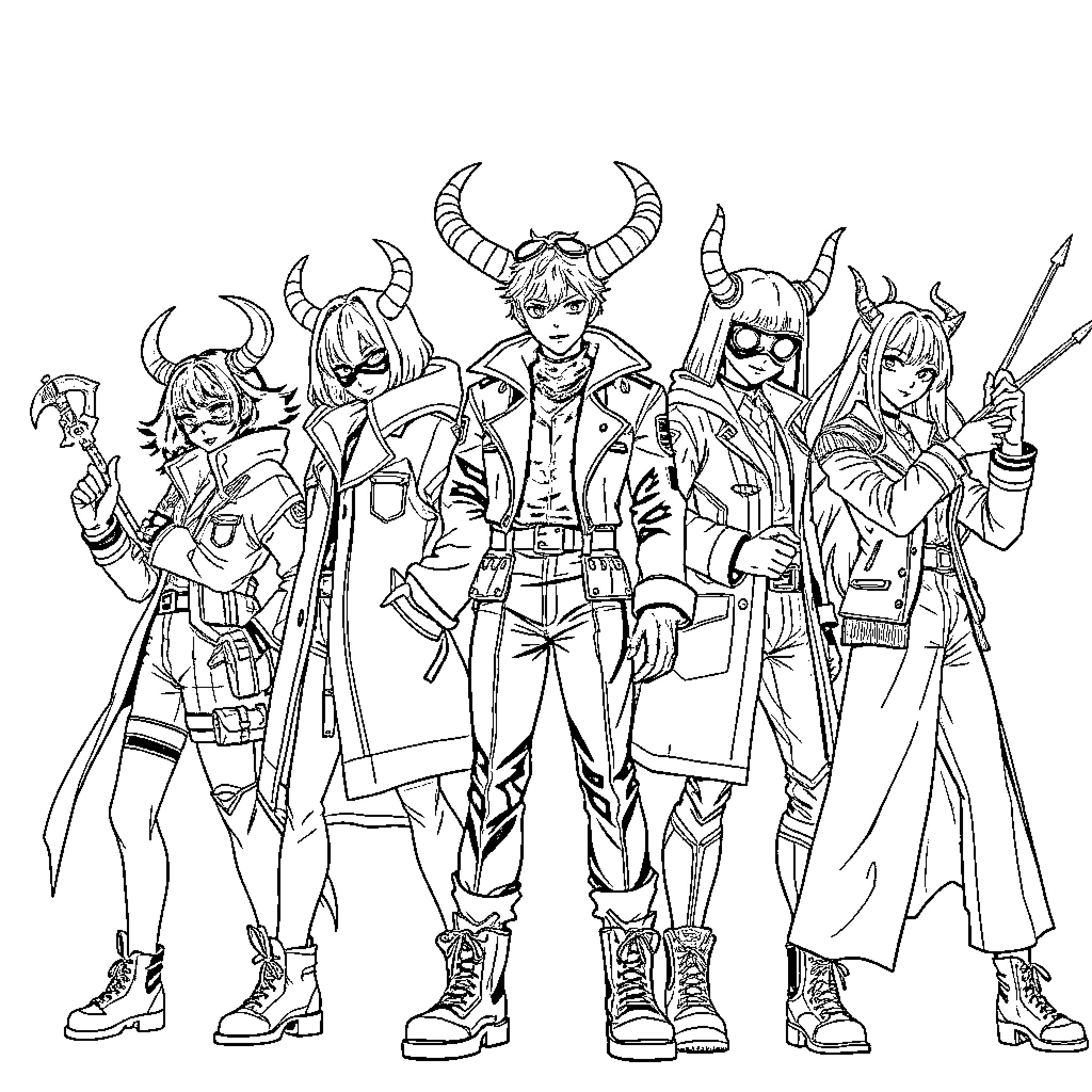 Demon Hunter Squad Ready for Battle Coloring Page (free black-and-white line drawing printable PDF for all, from beginners to advanced learners, including children, teens, adults, and seniors)