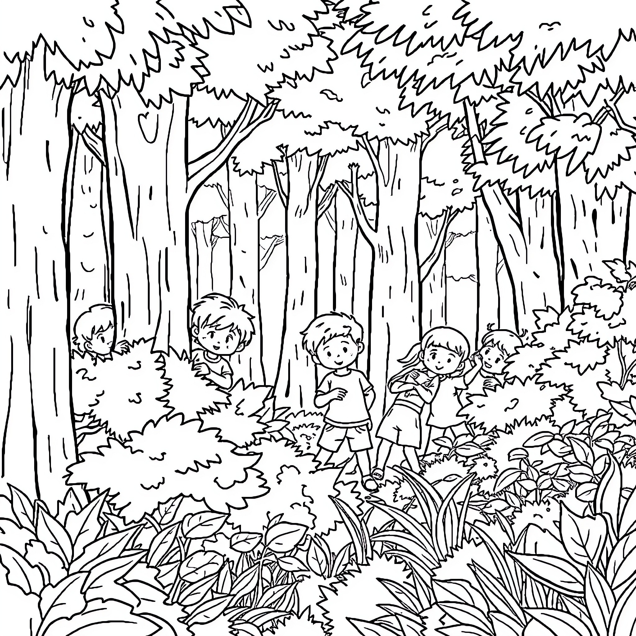 Children exploring the enchanted forest Coloring Page (free black-and-white line drawing printable PDF for all, from beginners to advanced learners, including children, teens, adults, and seniors)