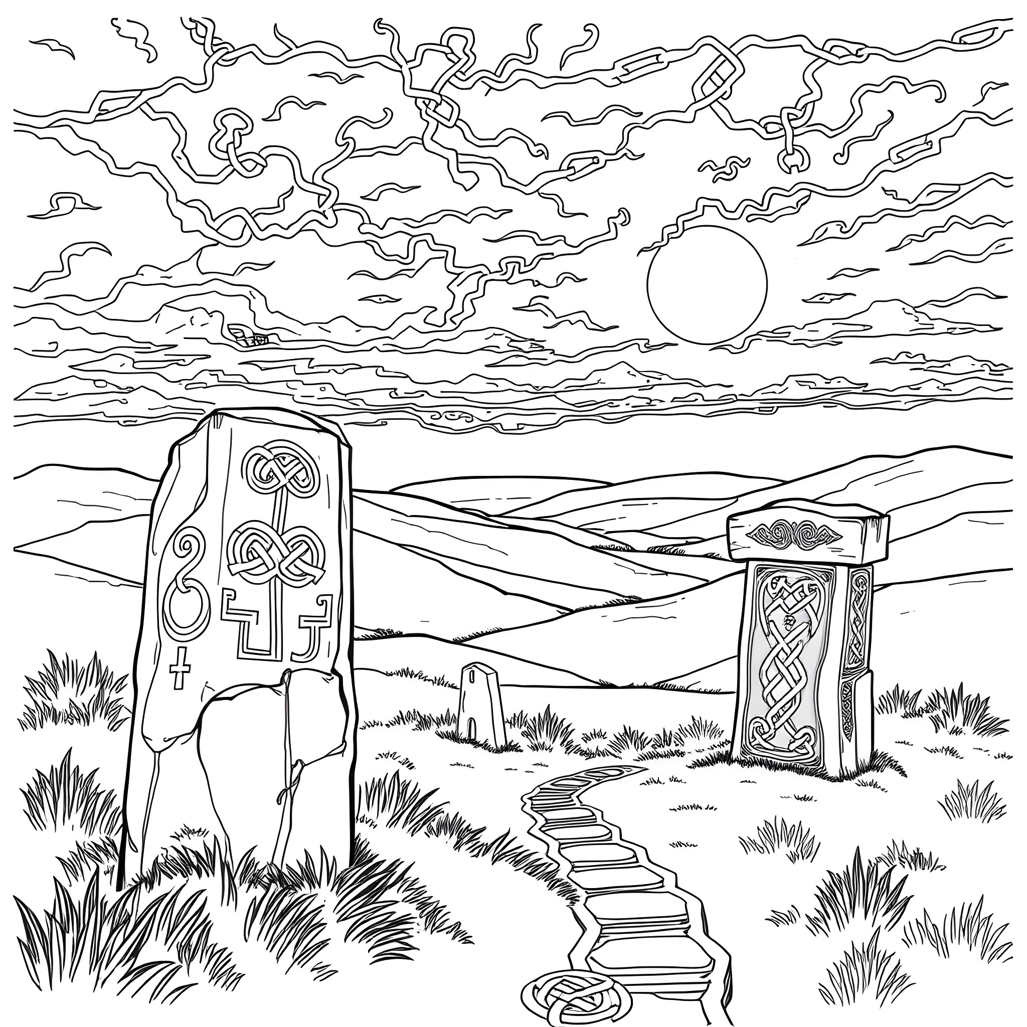 Celtic Landscape with Mystic Monoliths and Cloudy Skies Coloring Page (free black-and-white line drawing printable PDF for all, from beginners to advanced learners, including children, teens, adults, and seniors)