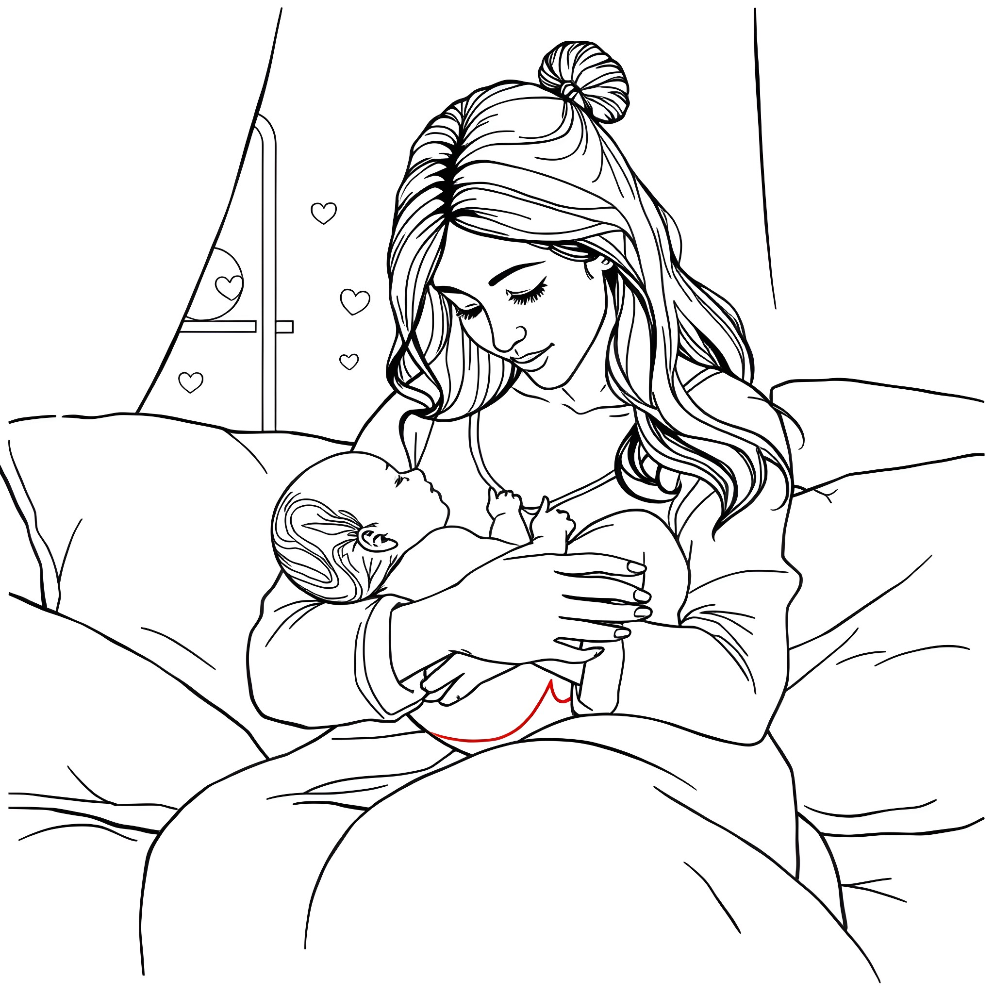 Mum Gently Cradling Her Sleeping Child Coloring Page (free black-and-white line drawing printable PDF for all, from beginners to advanced learners, including children, teens, adults, and seniors)