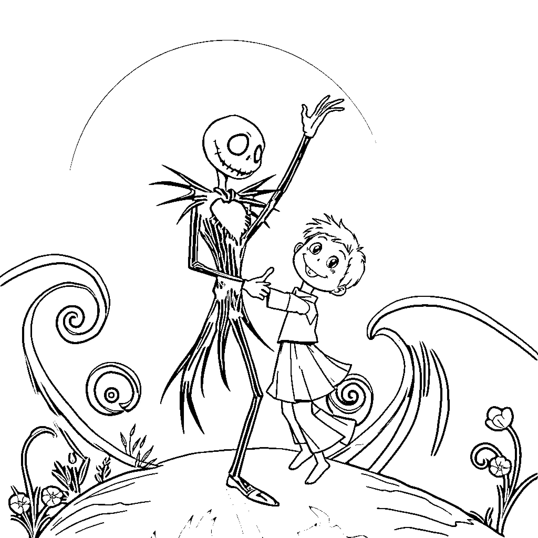 Jack Skeleton and a young companion explore a fantastical world Coloring Page (free black-and-white line drawing printable PDF for all, from beginners to advanced learners, including children, teens, adults, and seniors)