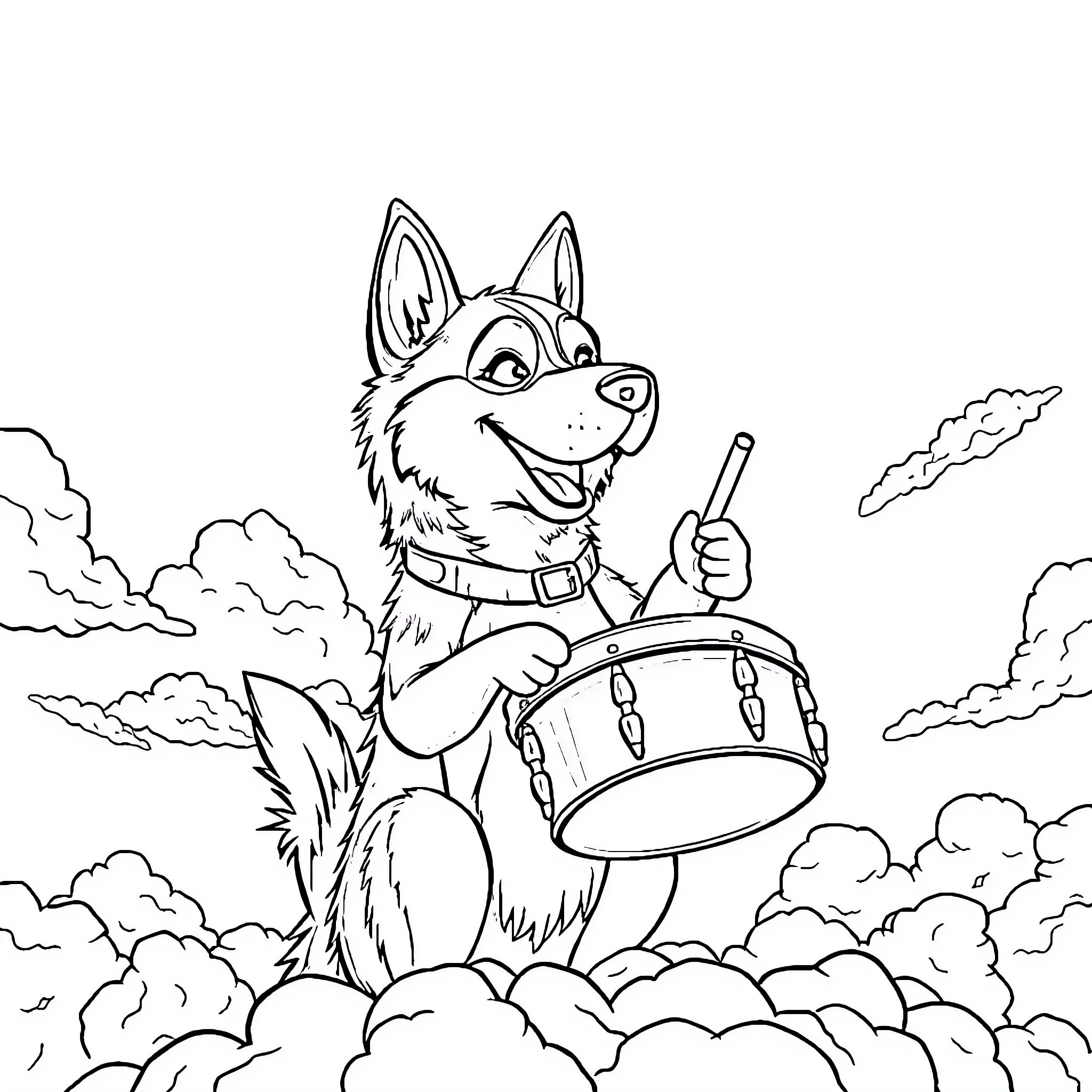 Husky playing happily with drum in the clouds Coloring Page (free black-and-white line drawing printable PDF for all, from beginners to advanced learners, including children, teens, adults, and seniors)