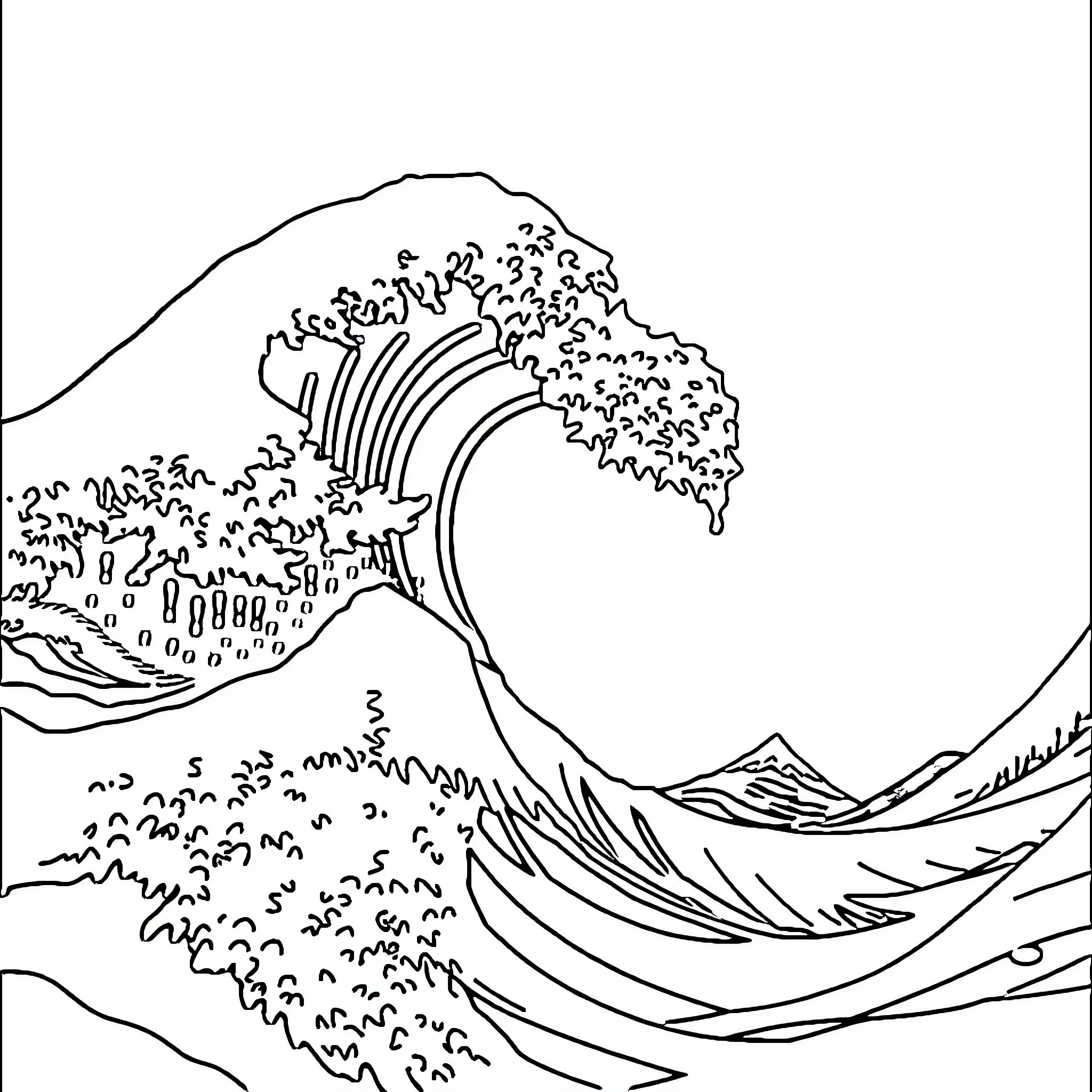 Wave crashing against a rugged landscape Coloring Page (free black-and-white line drawing printable PDF for all, from beginners to advanced learners, including children, teens, adults, and seniors)