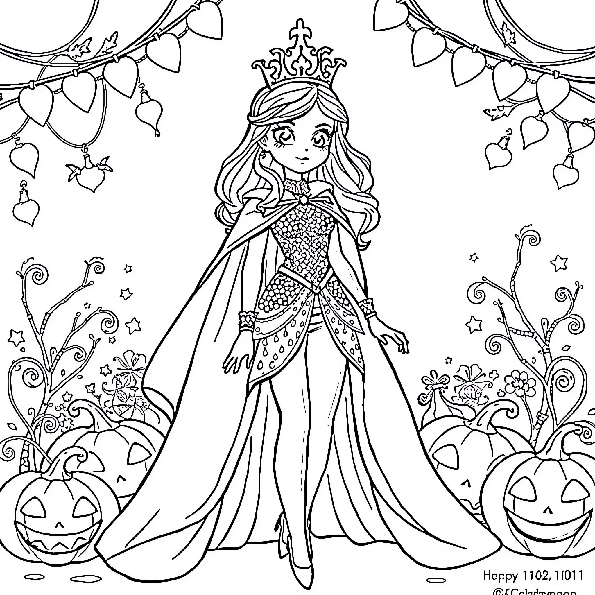 Princess in Enchanting Garden with Ornate Dress Coloring Page (free black-and-white line drawing printable PDF for all, from beginners to advanced learners, including children, teens, adults, and seniors)