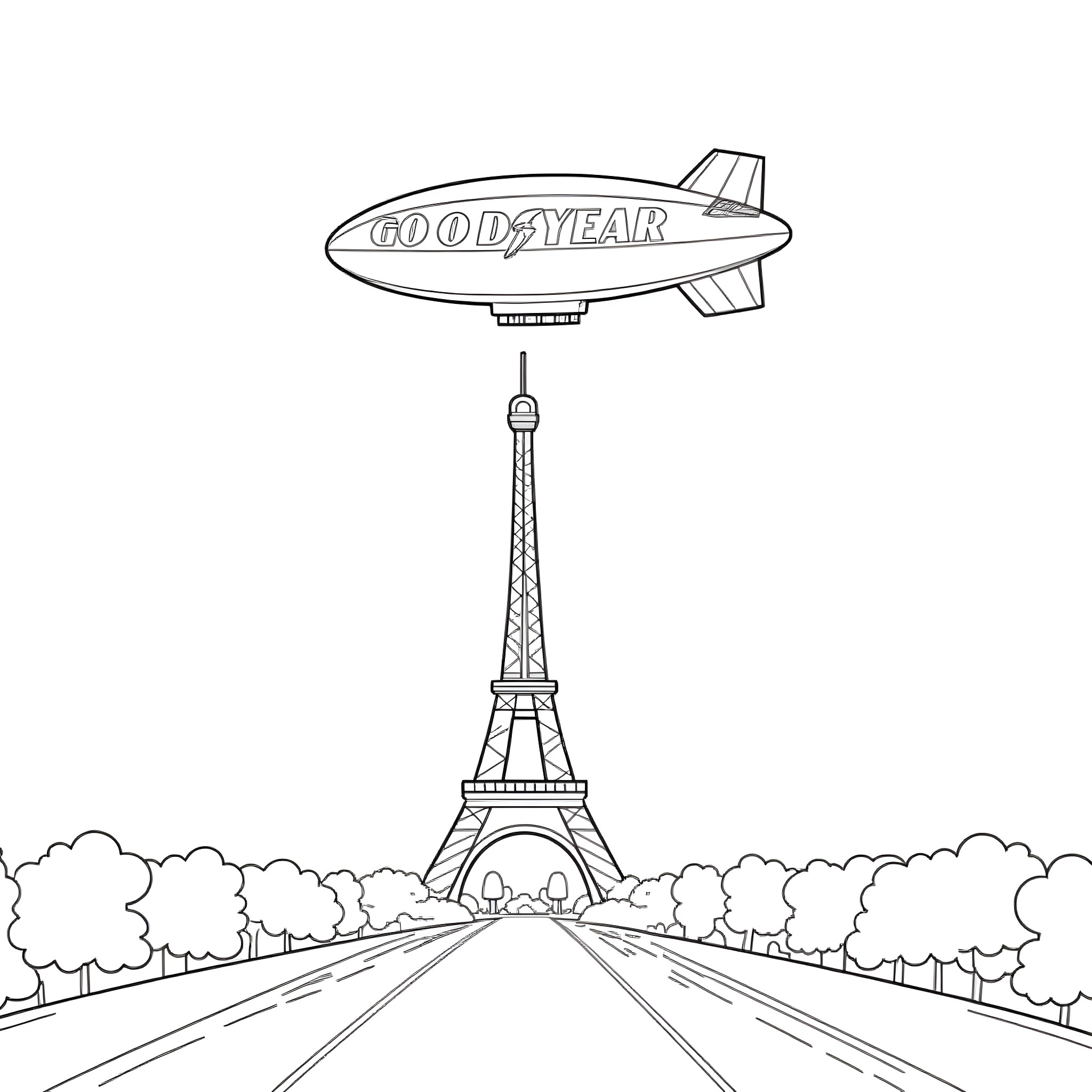 Blimp flying over Eiffel Tower Coloring Page (free black-and-white line drawing printable PDF for all, from beginners to advanced learners, including children, teens, adults, and seniors)