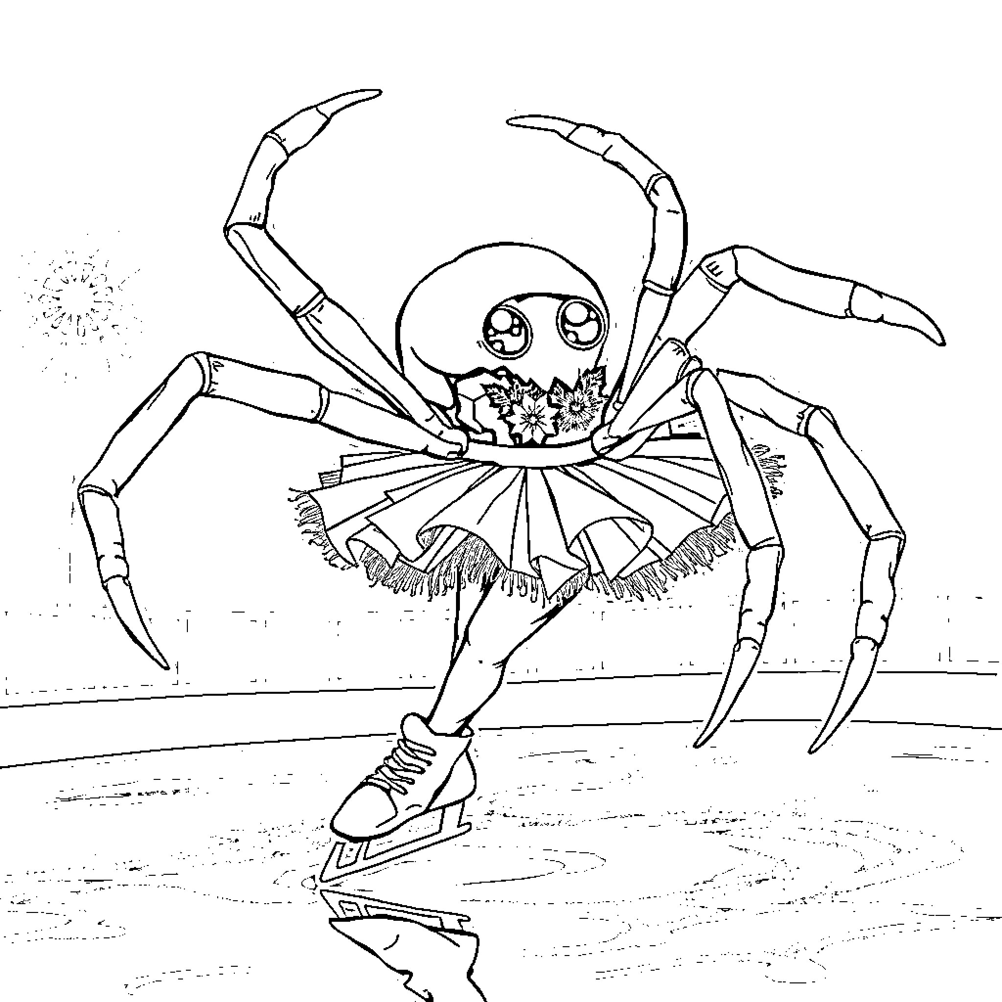 Spider skating playfully on the ice Coloring Page (free black-and-white line drawing printable PDF for all, from beginners to advanced learners, including children, teens, adults, and seniors)