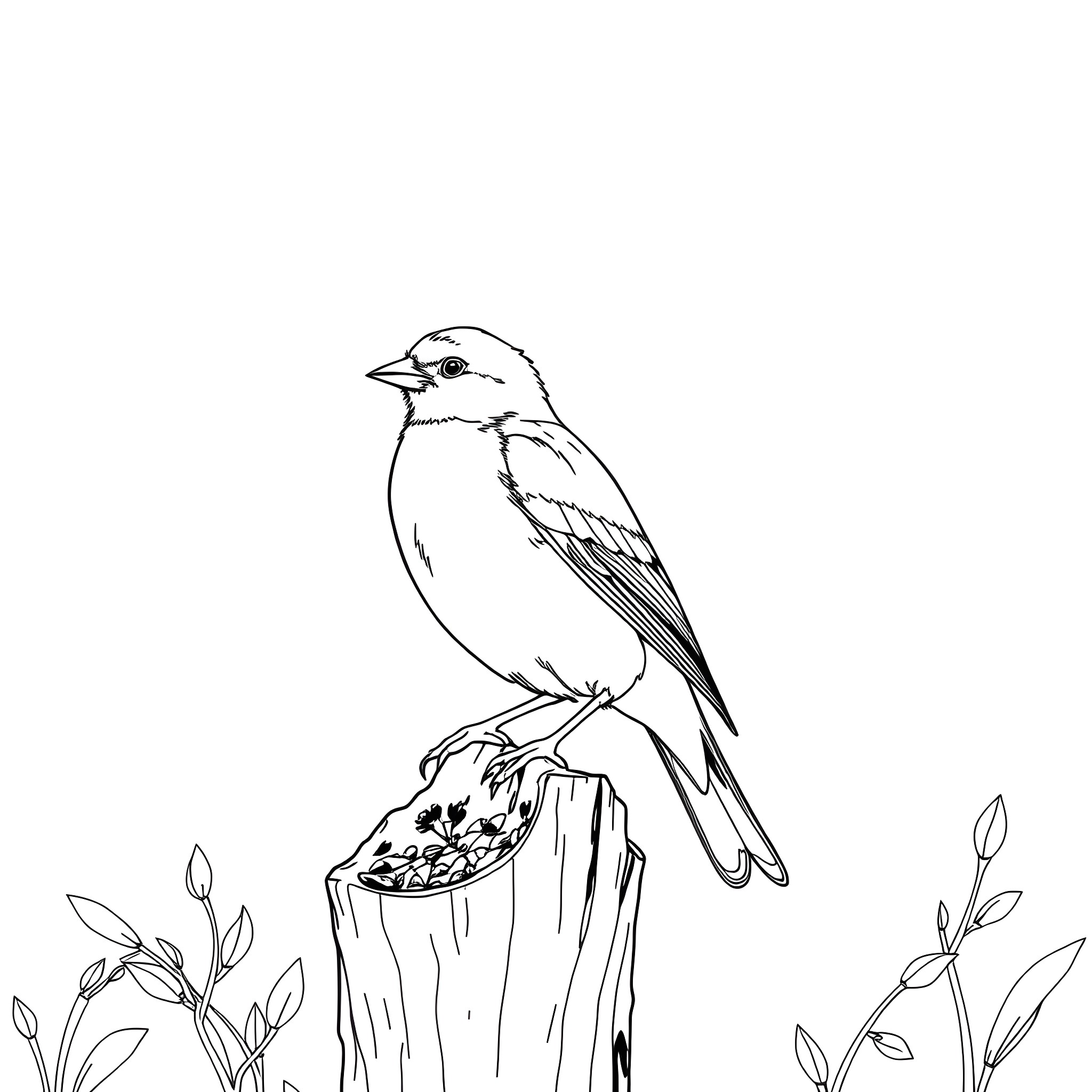 Saffron Finch perched on a tree stump Coloring Page (free black-and-white line drawing printable PDF for all, from beginners to advanced learners, including children, teens, adults, and seniors)