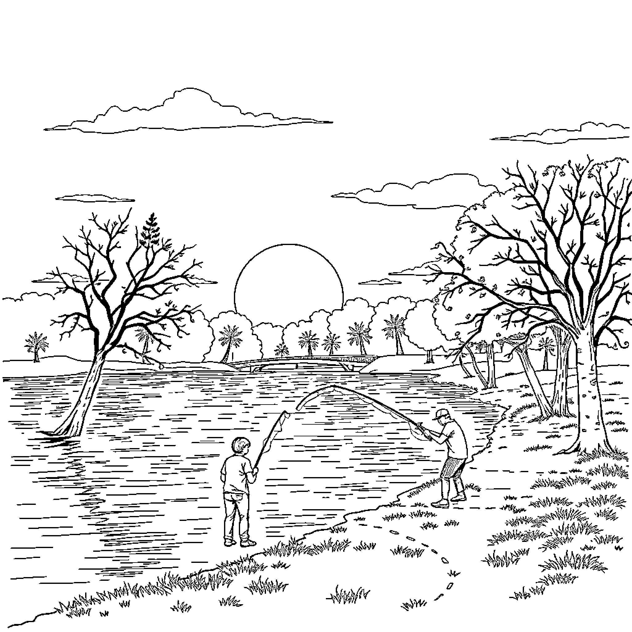 Fishing by the serene lakeside landscape Coloring Page (free black-and-white line drawing printable PDF for all, from beginners to advanced learners, including children, teens, adults, and seniors)