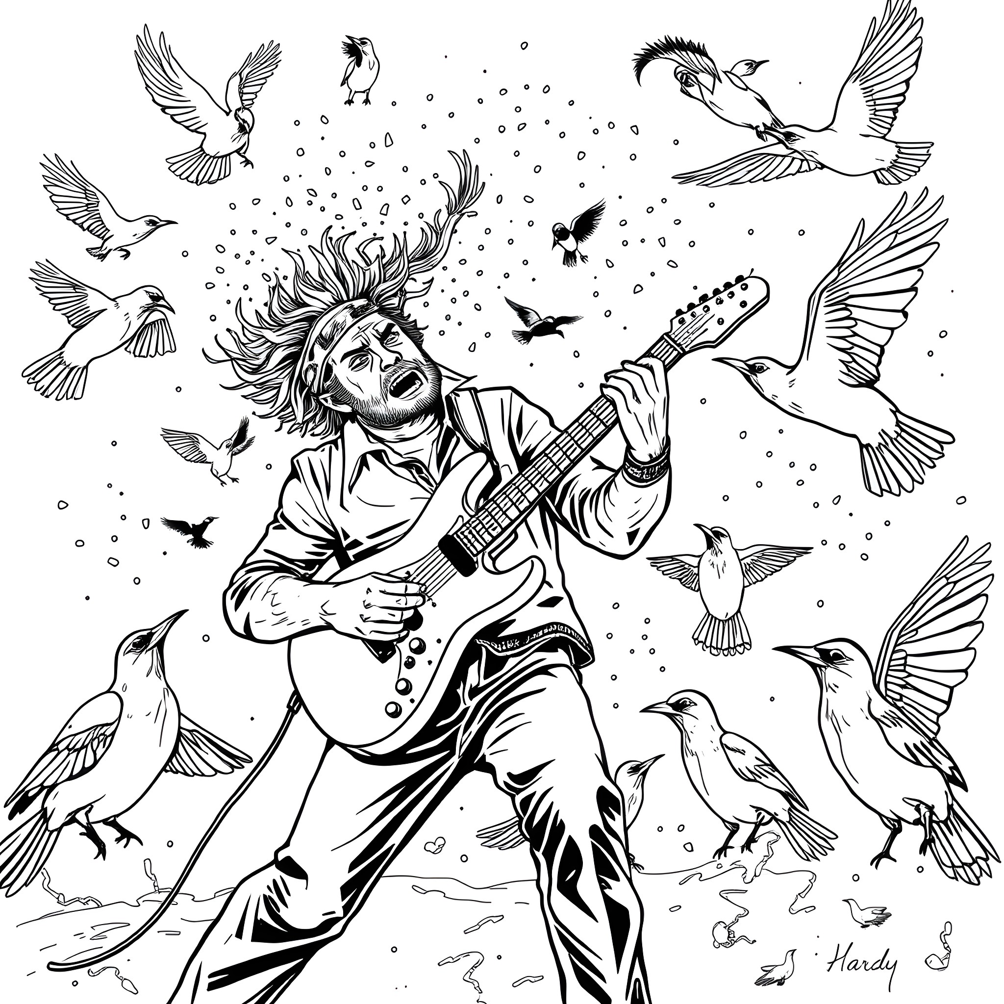 Guitar player surrounded by flying birds Coloring Page (free black-and-white line drawing printable PDF for all, from beginners to advanced learners, including children, teens, adults, and seniors)