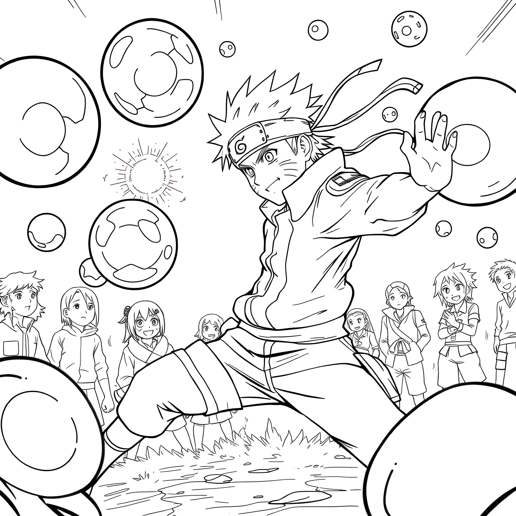 Naruto's adventurous journey with friends in the world Coloring Page (free black-and-white line drawing printable PDF for all, from beginners to advanced learners, including children, teens, adults, and seniors)