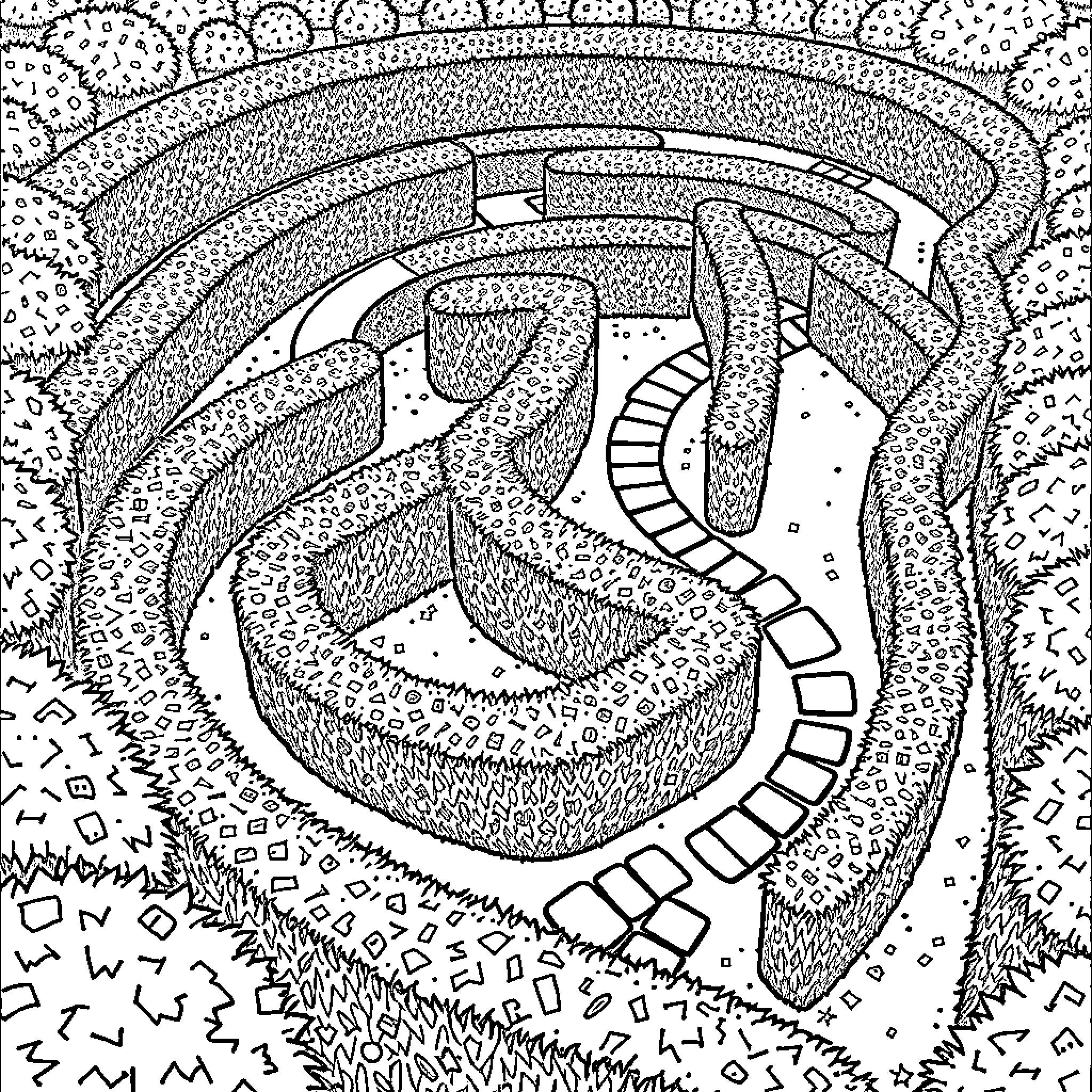 Labyrinth of Twisting Paths and Winding Tunnels Coloring Page (free black-and-white line drawing printable PDF for all, from beginners to advanced learners, including children, teens, adults, and seniors)