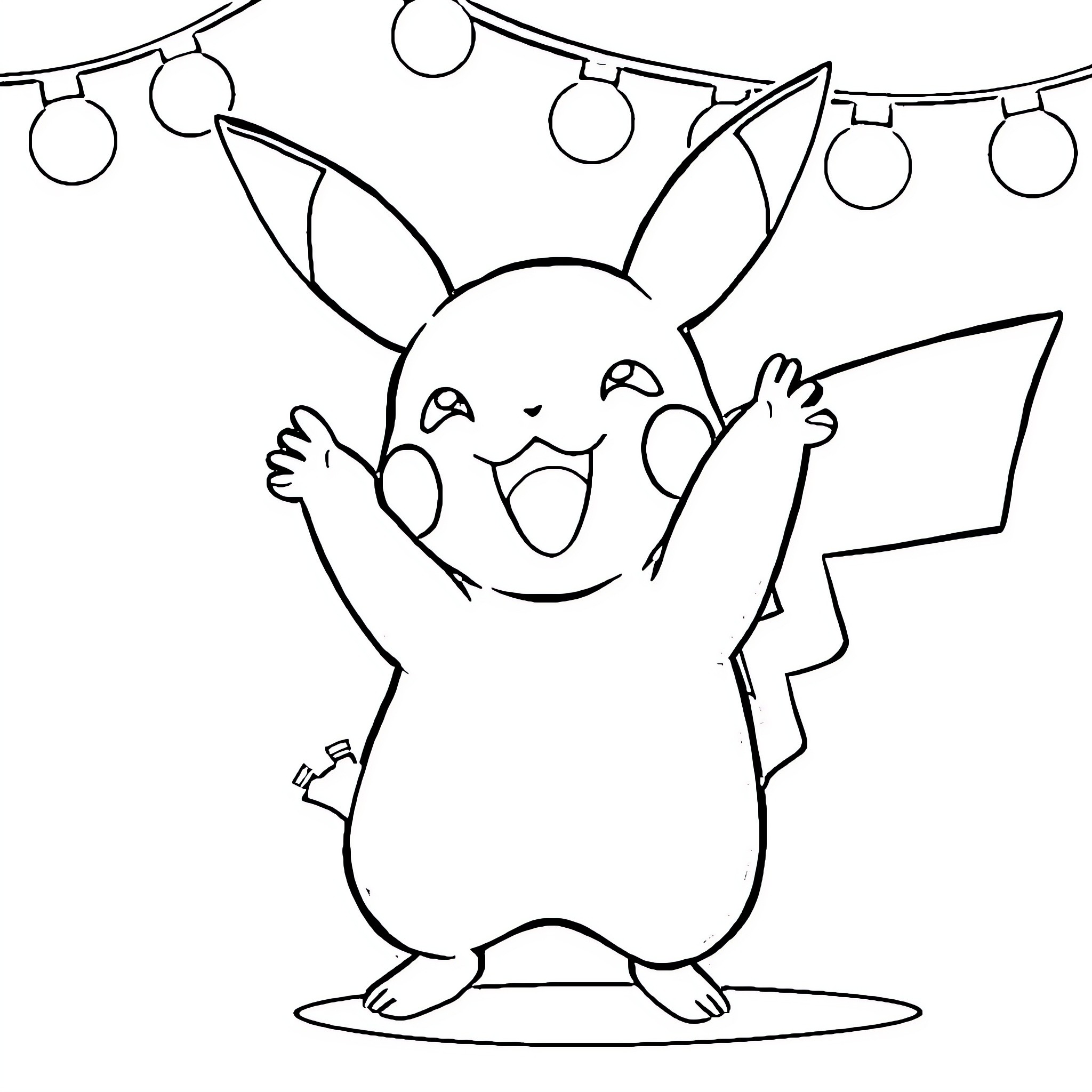 Pikachu celebrating joyfully under party lights Coloring Page (free black-and-white line drawing printable PDF for all, from beginners to advanced learners, including children, teens, adults, and seniors)