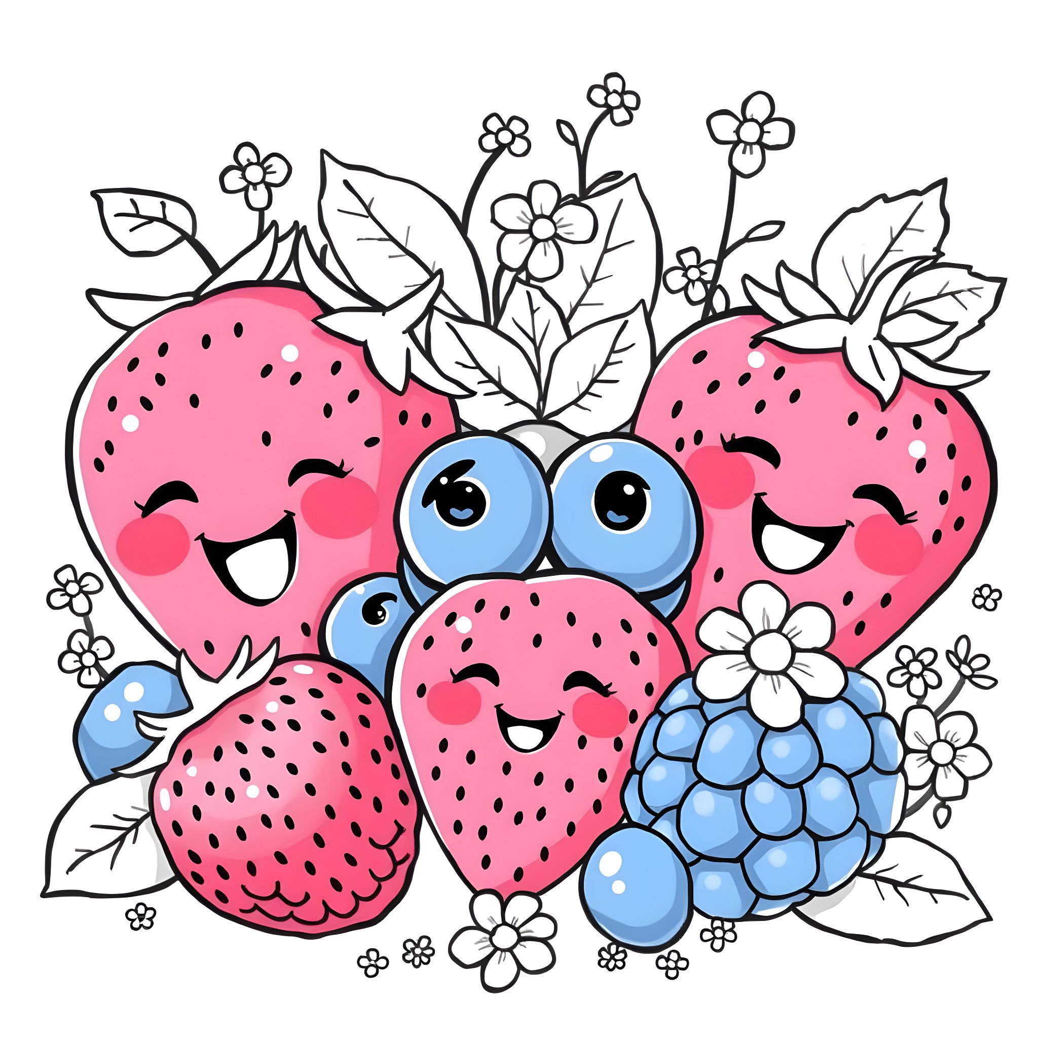 Berry Patch of Smiling Strawberries and Blueberries Coloring Page (free black-and-white line drawing printable PDF for all, from beginners to advanced learners, including children, teens, adults, and seniors)