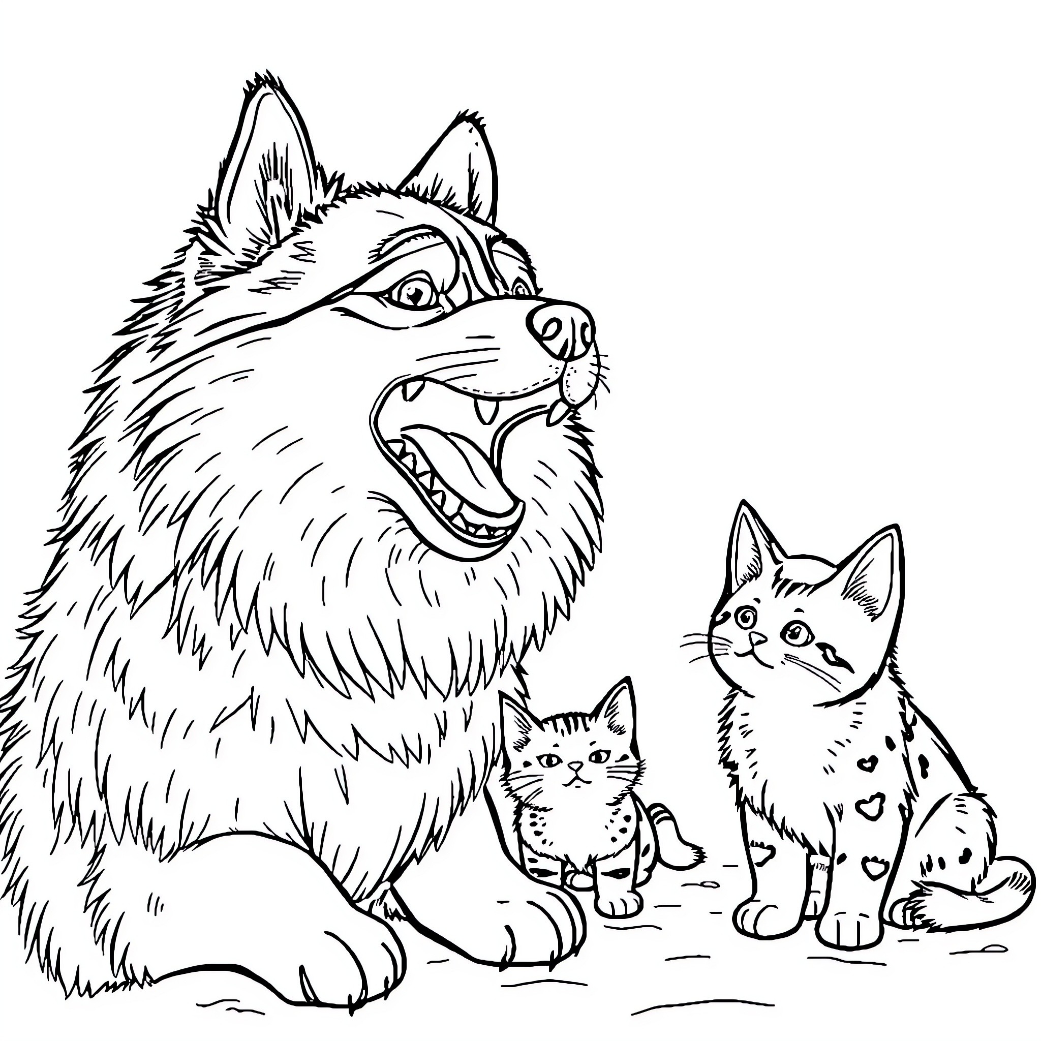 Husky and Playful Kittens Coloring Page (free black-and-white line drawing printable PDF for all, from beginners to advanced learners, including children, teens, adults, and seniors)