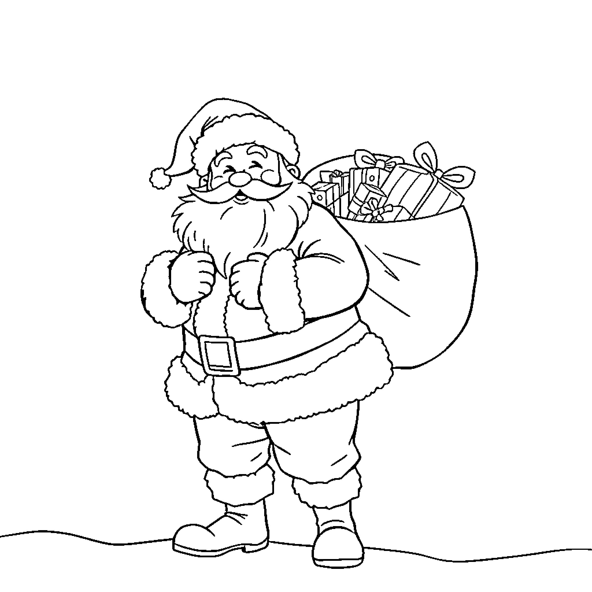 Santa Claus carrying gifts in a sack Coloring Page (free black-and-white line drawing printable PDF for all, from beginners to advanced learners, including children, teens, adults, and seniors)