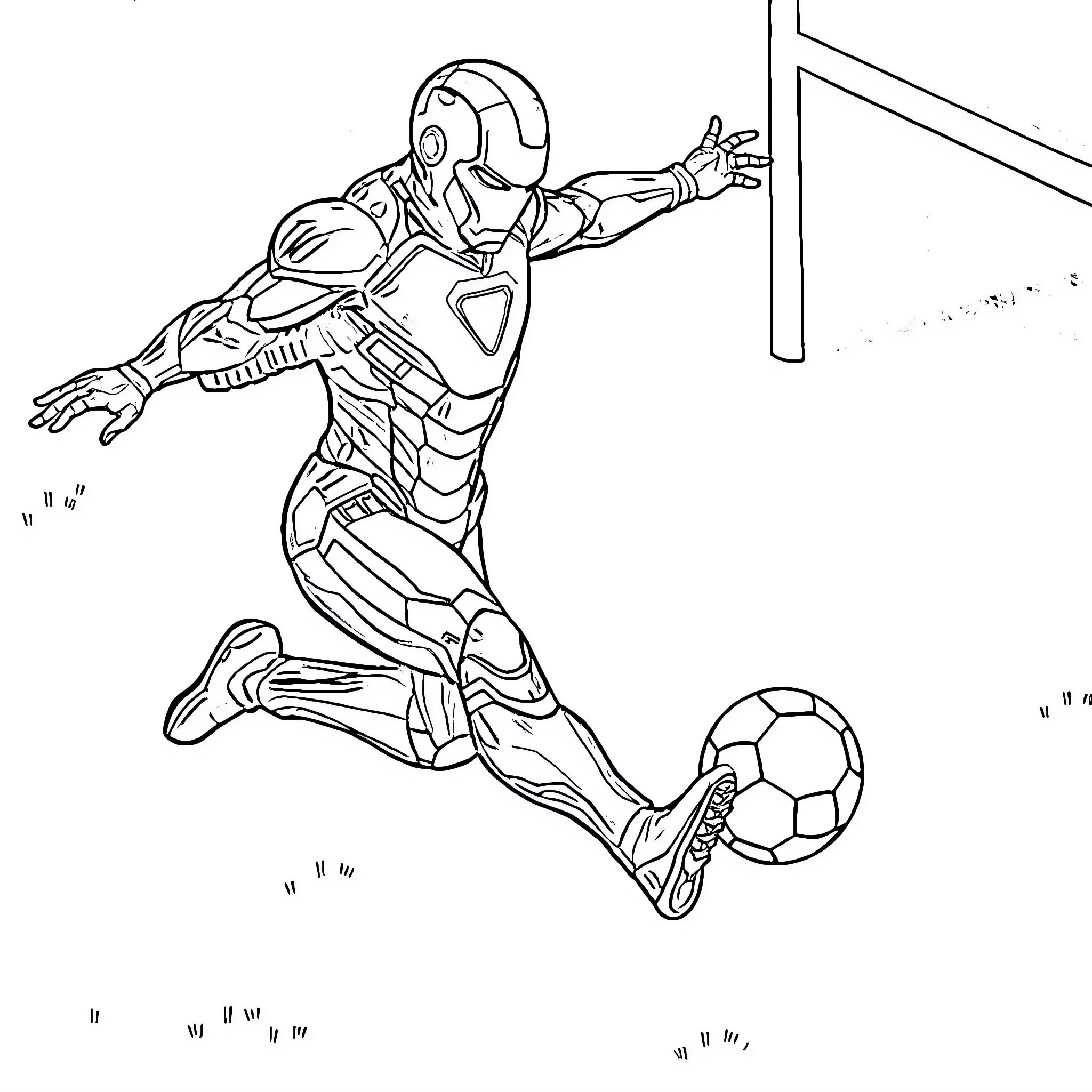 Ironman playing soccer with heroic action Coloring Page (free black-and-white line drawing printable PDF for all, from beginners to advanced learners, including children, teens, adults, and seniors)