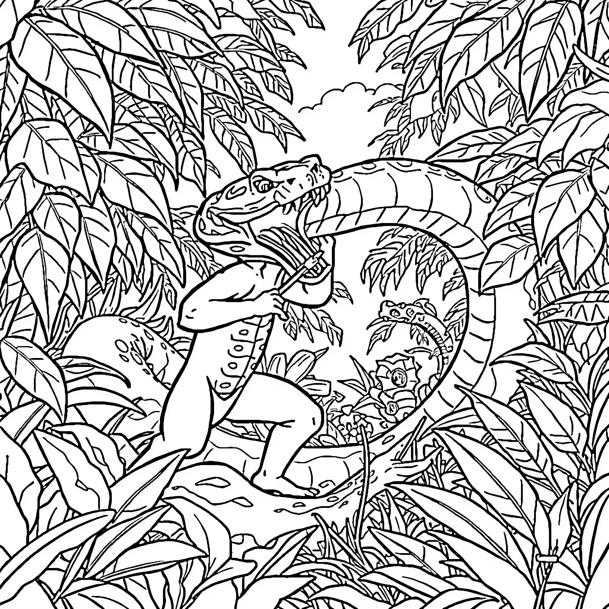 Kasongo's Jungle Adventure Coloring Page (free black-and-white line drawing printable PDF for all, from beginners to advanced learners, including children, teens, adults, and seniors)