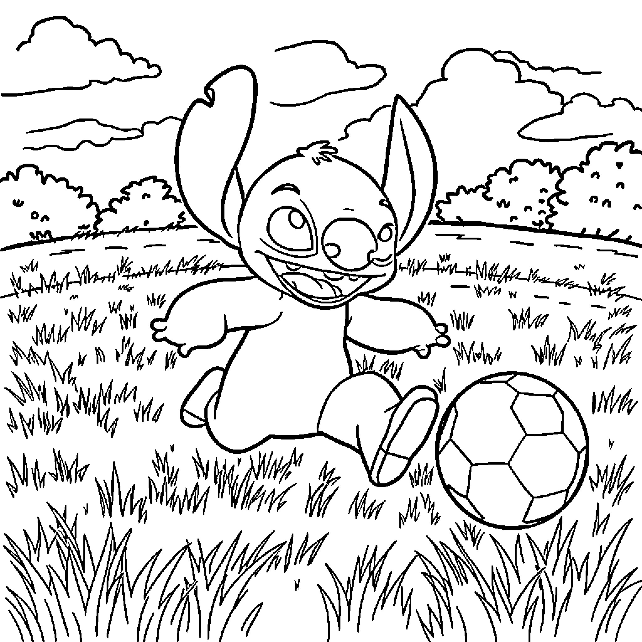 Stitch playing soccer in a grassy field Coloring Page (free black-and-white line drawing printable PDF for all, from beginners to advanced learners, including children, teens, adults, and seniors)
