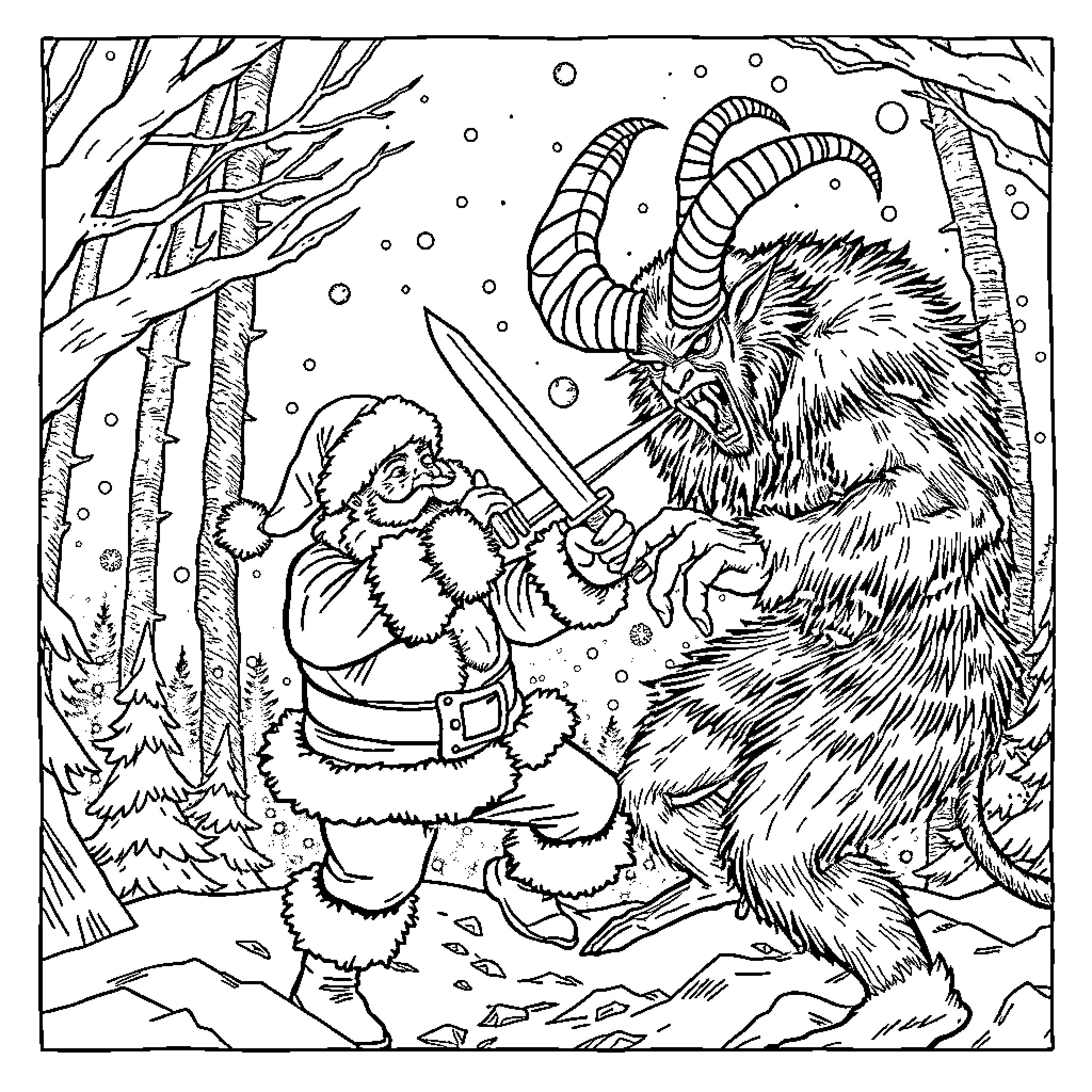 Santa Fights Off a Mighty Beast in the Snowy Forest Coloring Page (free black-and-white line drawing printable PDF for all, from beginners to advanced learners, including children, teens, adults, and seniors)