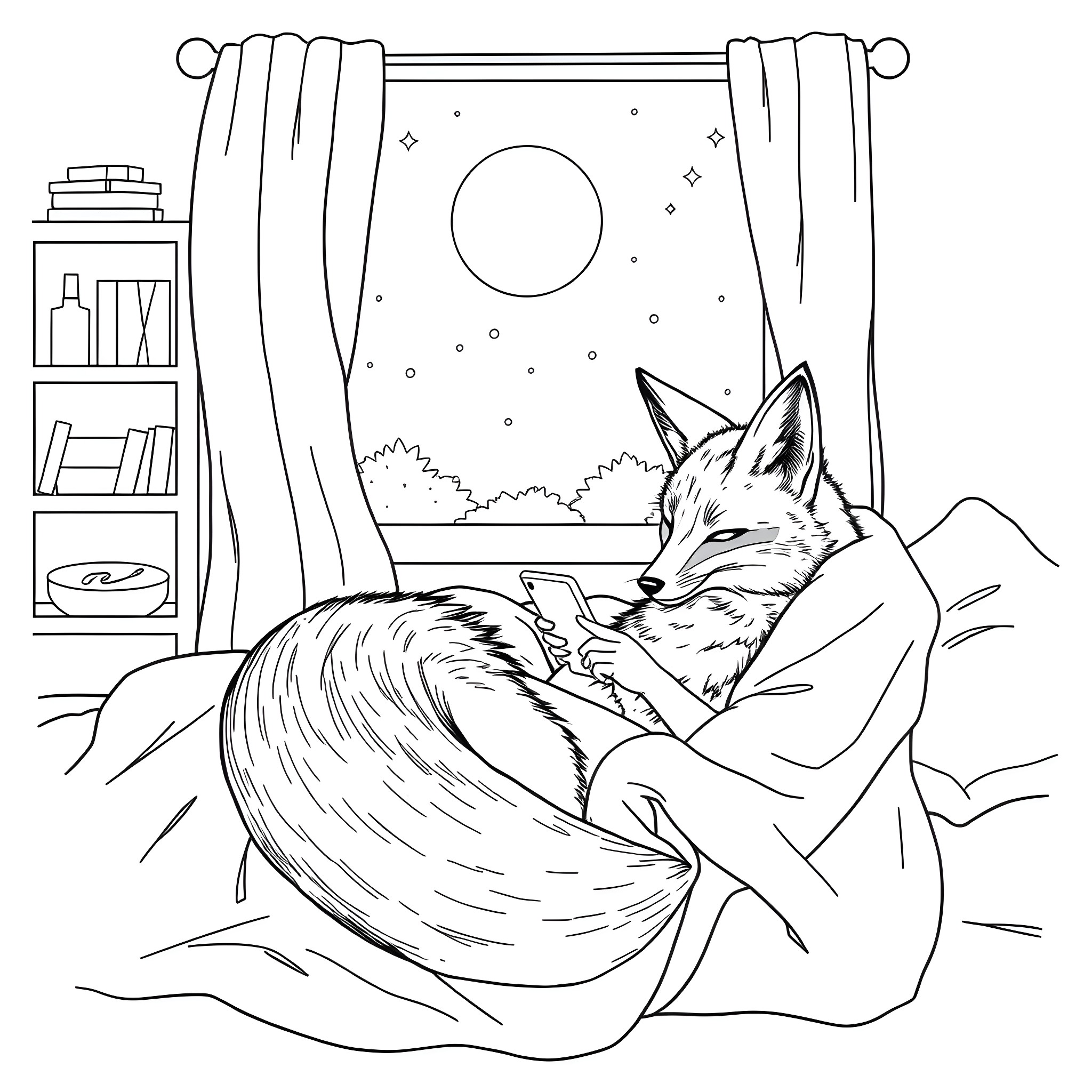 Fox sleeping peacefully in its cozy den Coloring Page (free black-and-white line drawing printable PDF for all, from beginners to advanced learners, including children, teens, adults, and seniors)