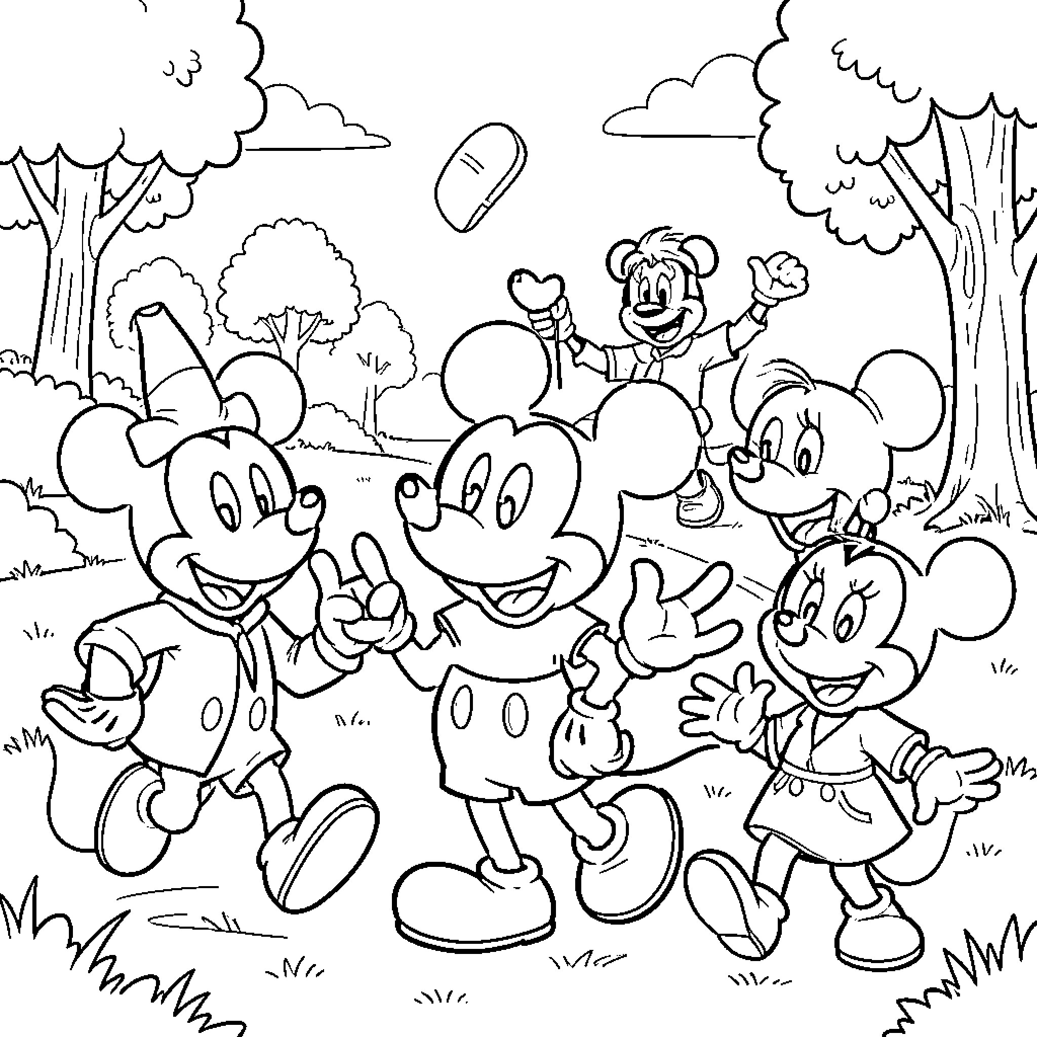 Mickey and Friends Enjoying an Outdoor Adventure Coloring Page (free black-and-white line drawing printable PDF for all, from beginners to advanced learners, including children, teens, adults, and seniors)