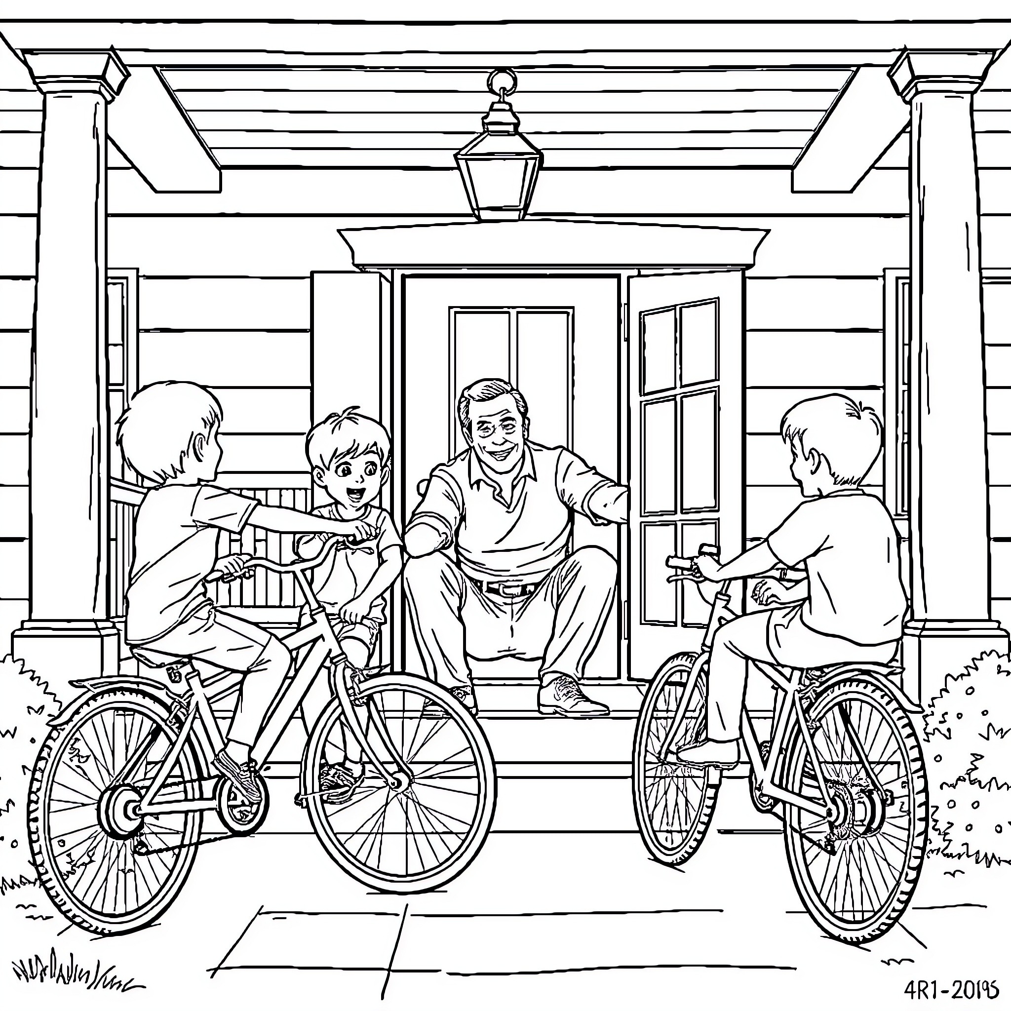 Dad spends quality time with kids on bikes Coloring Page (free black-and-white line drawing printable PDF for all, from beginners to advanced learners, including children, teens, adults, and seniors)