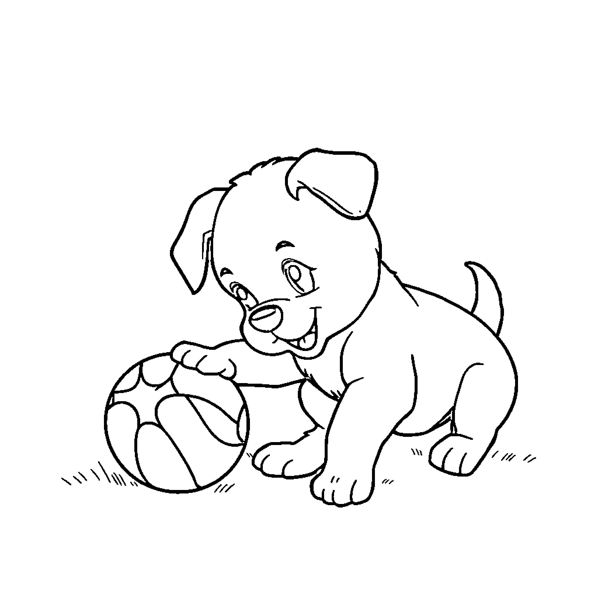 Dog playing with ball happily Coloring Page (free black-and-white line drawing printable PDF for all, from beginners to advanced learners, including children, teens, adults, and seniors)
