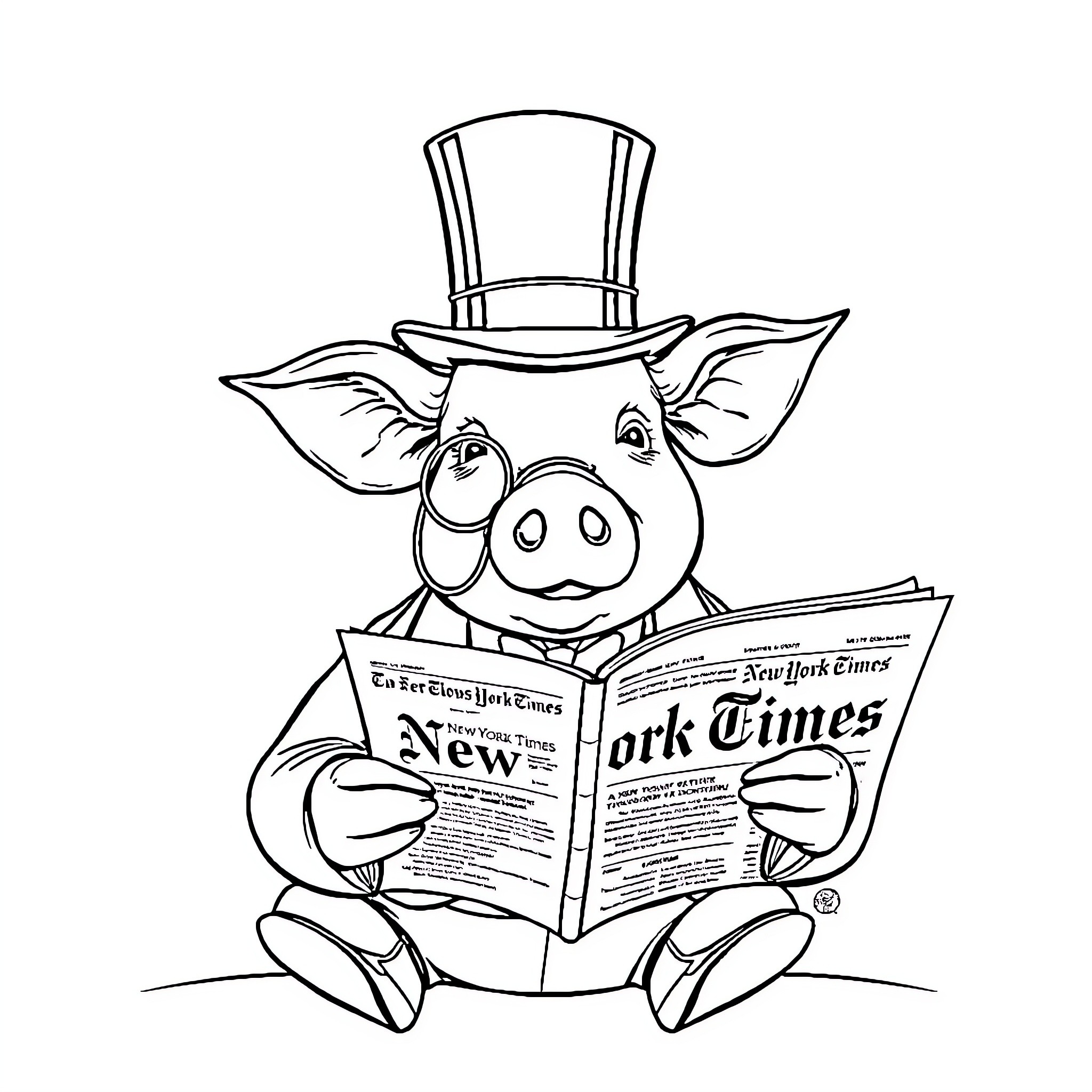 Pig reading newspaper in top hat Coloring Page (free black-and-white line drawing printable PDF for all, from beginners to advanced learners, including children, teens, adults, and seniors)