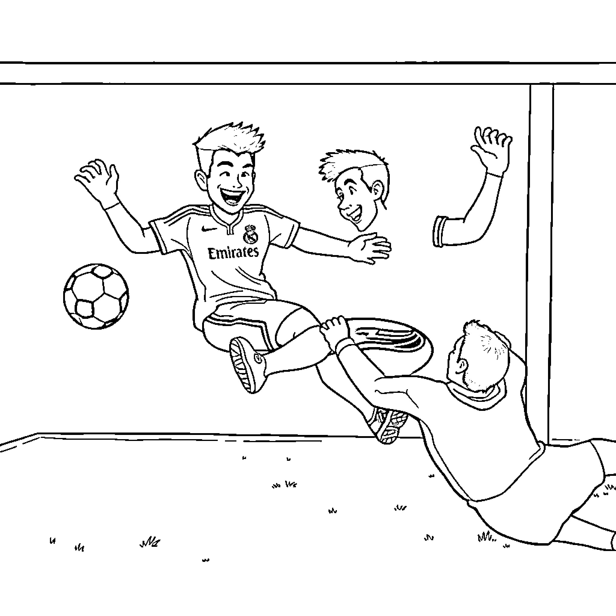 Lamine Yamal: Two Soccer Players Celebrating Goal Coloring Page (free black-and-white line drawing printable PDF for all, from beginners to advanced learners, including children, teens, adults, and seniors)