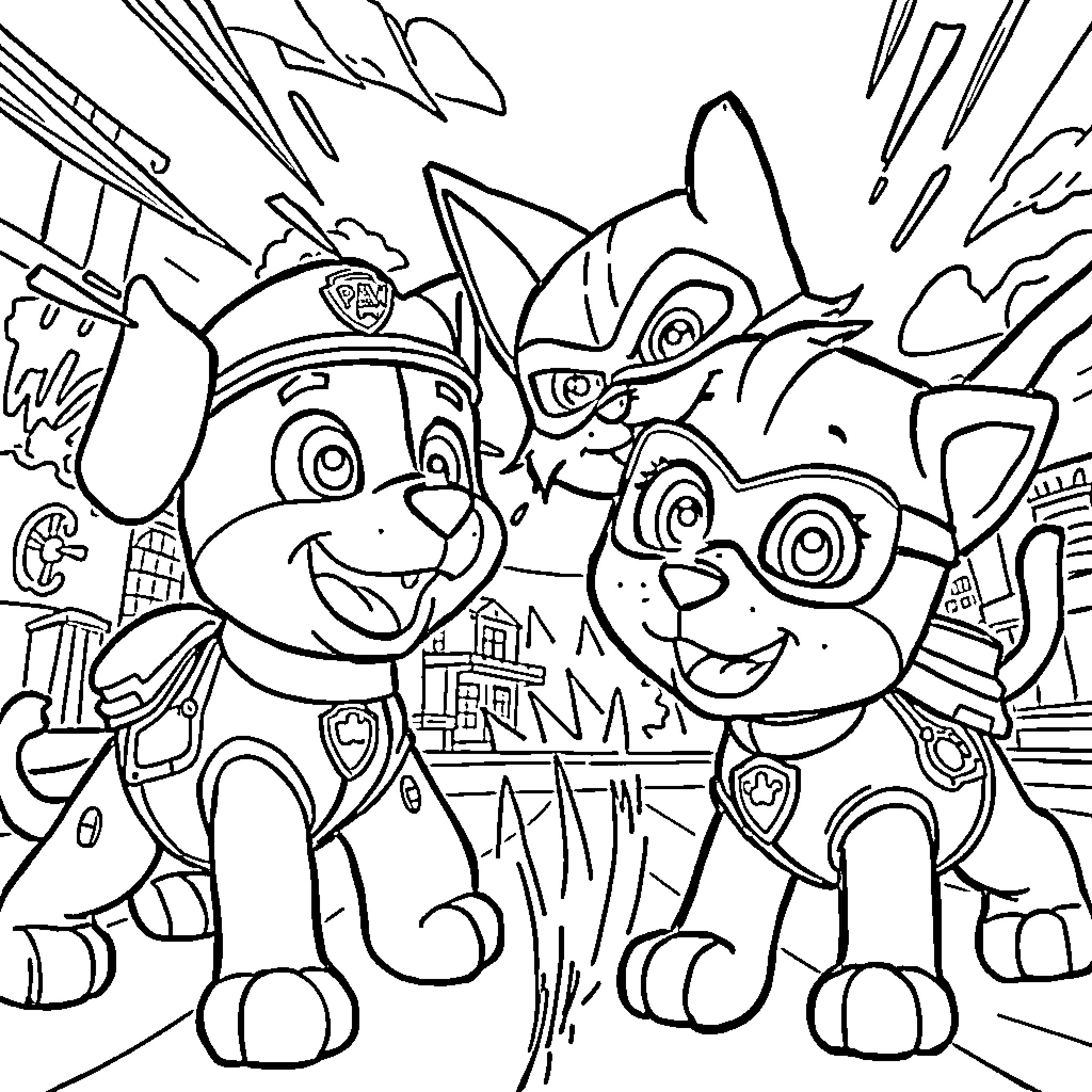 Paw Patrol Team Rushing to Save the Day Coloring Page (free black-and-white line drawing printable PDF for all, from beginners to advanced learners, including children, teens, adults, and seniors)