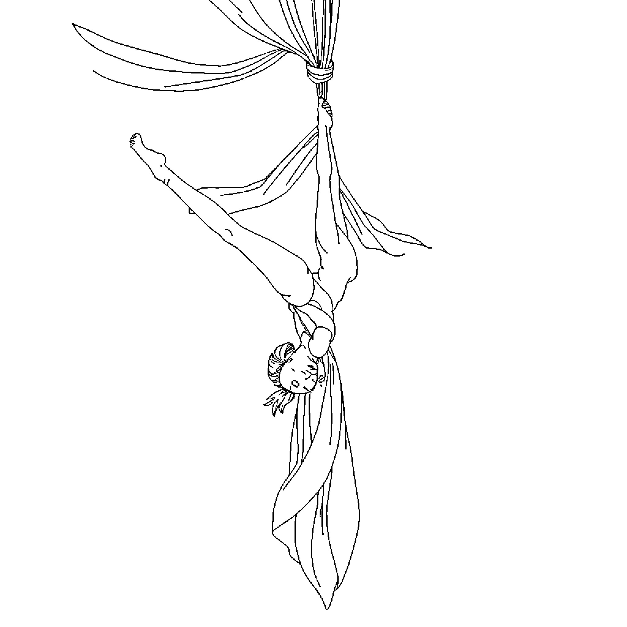 Aerial Silks Performer in Suspended Motion Coloring Page (free black-and-white line drawing printable PDF for all, from beginners to advanced learners, including children, teens, adults, and seniors)