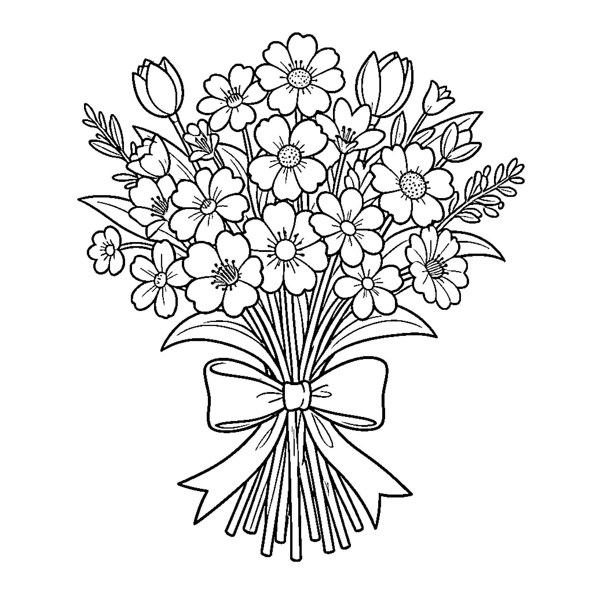 Flower bouquet tied with a decorative ribbon Coloring Page (free black-and-white line drawing printable PDF for all, from beginners to advanced learners, including children, teens, adults, and seniors)