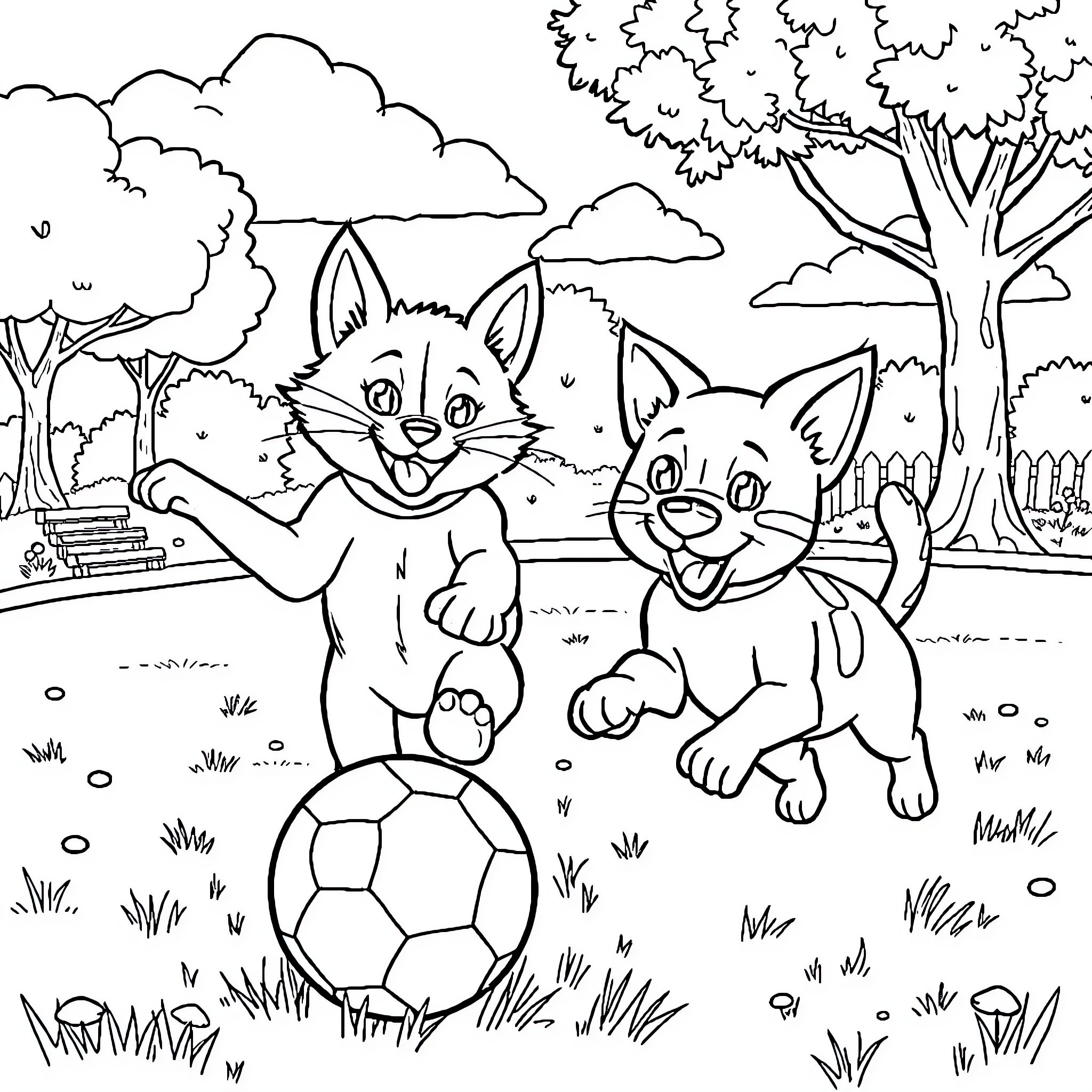 Cats playing with soccer ball in nature Coloring Page (free black-and-white line drawing printable PDF for all, from beginners to advanced learners, including children, teens, adults, and seniors)