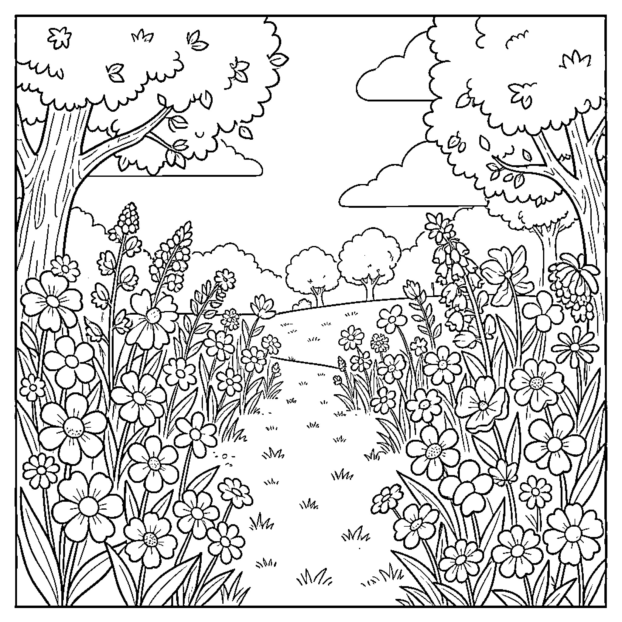 Flower Garden with Winding Path Coloring Page (free black-and-white line drawing printable PDF for all, from beginners to advanced learners, including children, teens, adults, and seniors)