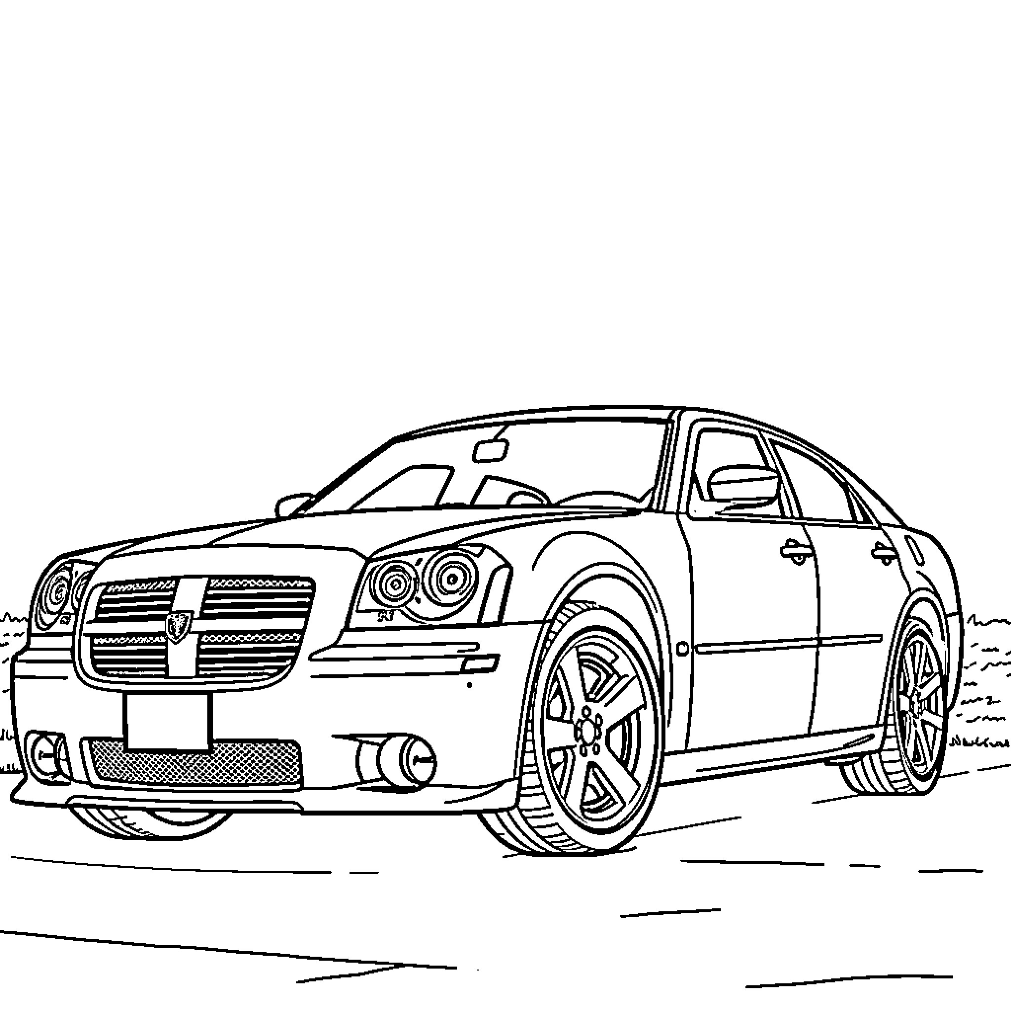 Dodge muscle car speeding down the road Coloring Page (free black-and-white line drawing printable PDF for all, from beginners to advanced learners, including children, teens, adults, and seniors)